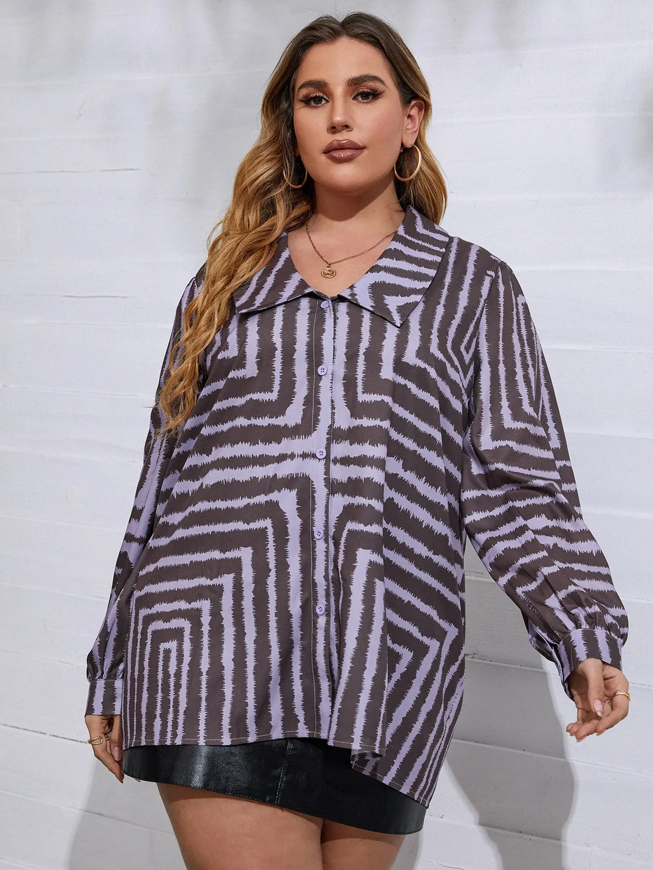 All Over Print Button Front Long Sleeve Collar Long Plus Size Blouse