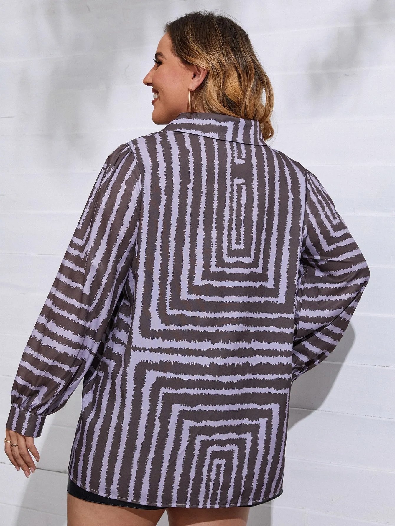 All Over Print Button Front Long Sleeve Collar Long Plus Size Blouse