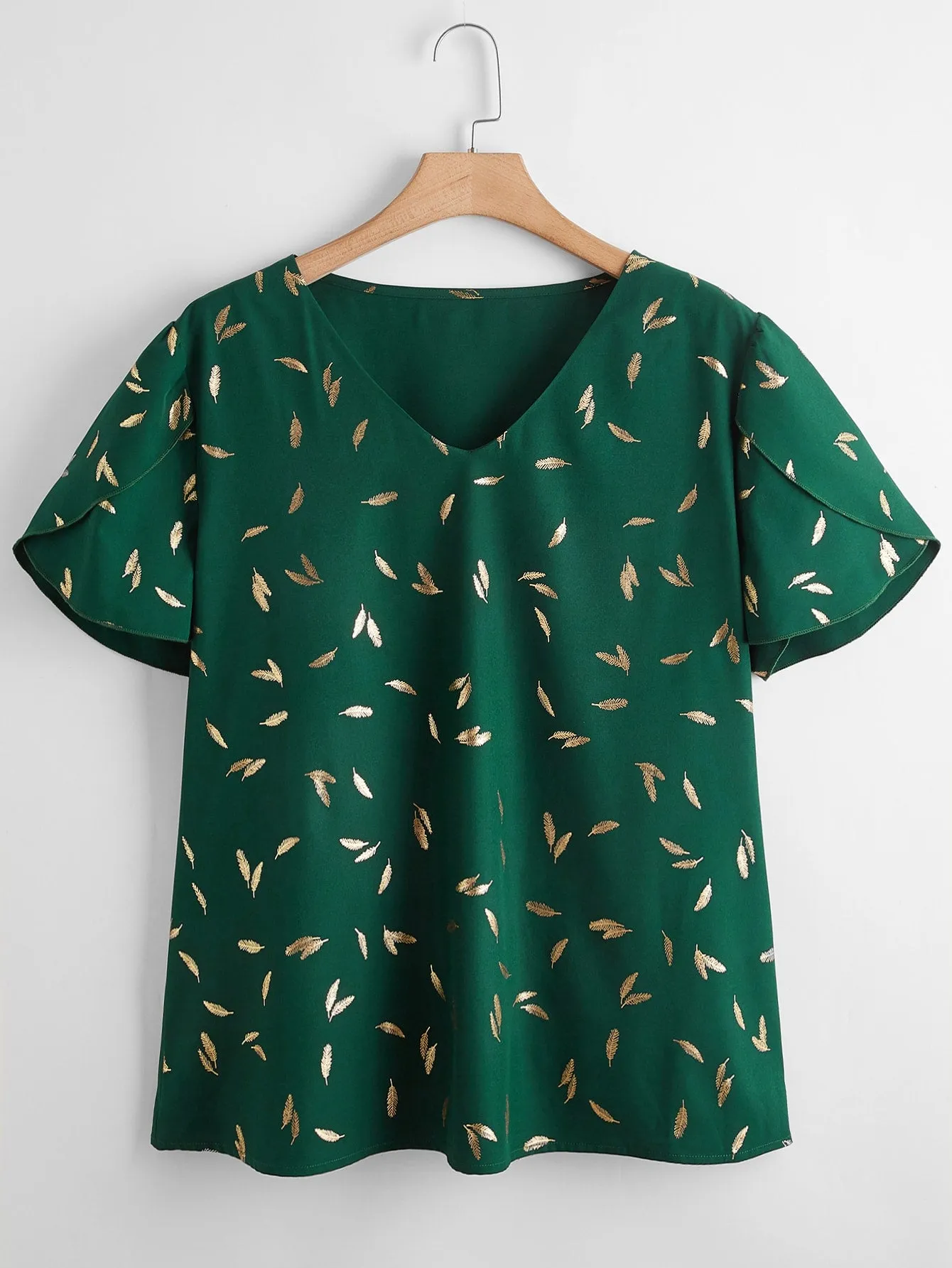 All Over Print Embroidery Short Sleeve V Neck Regular Plus Size Blouse