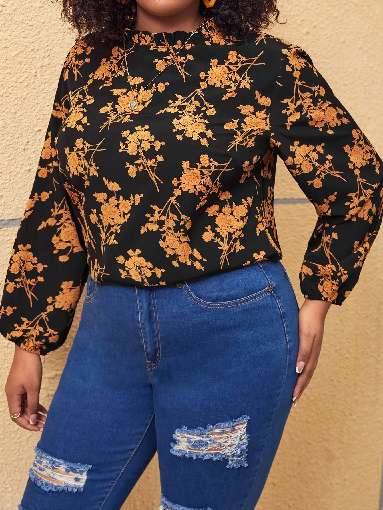 All Over Print Frill Long Sleeve Round Neck Regular Plus Size Blouse