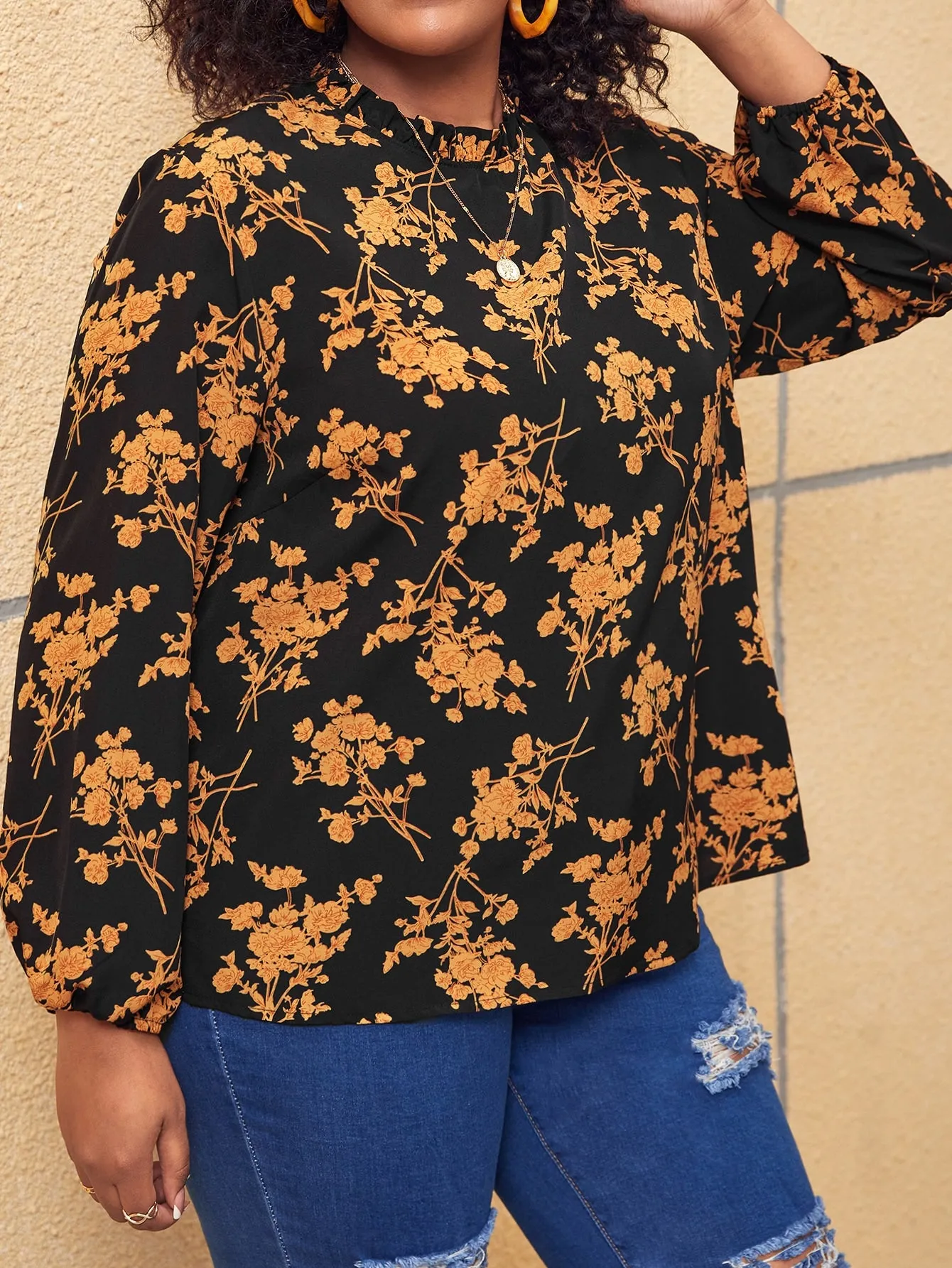 All Over Print Frill Long Sleeve Round Neck Regular Plus Size Blouse