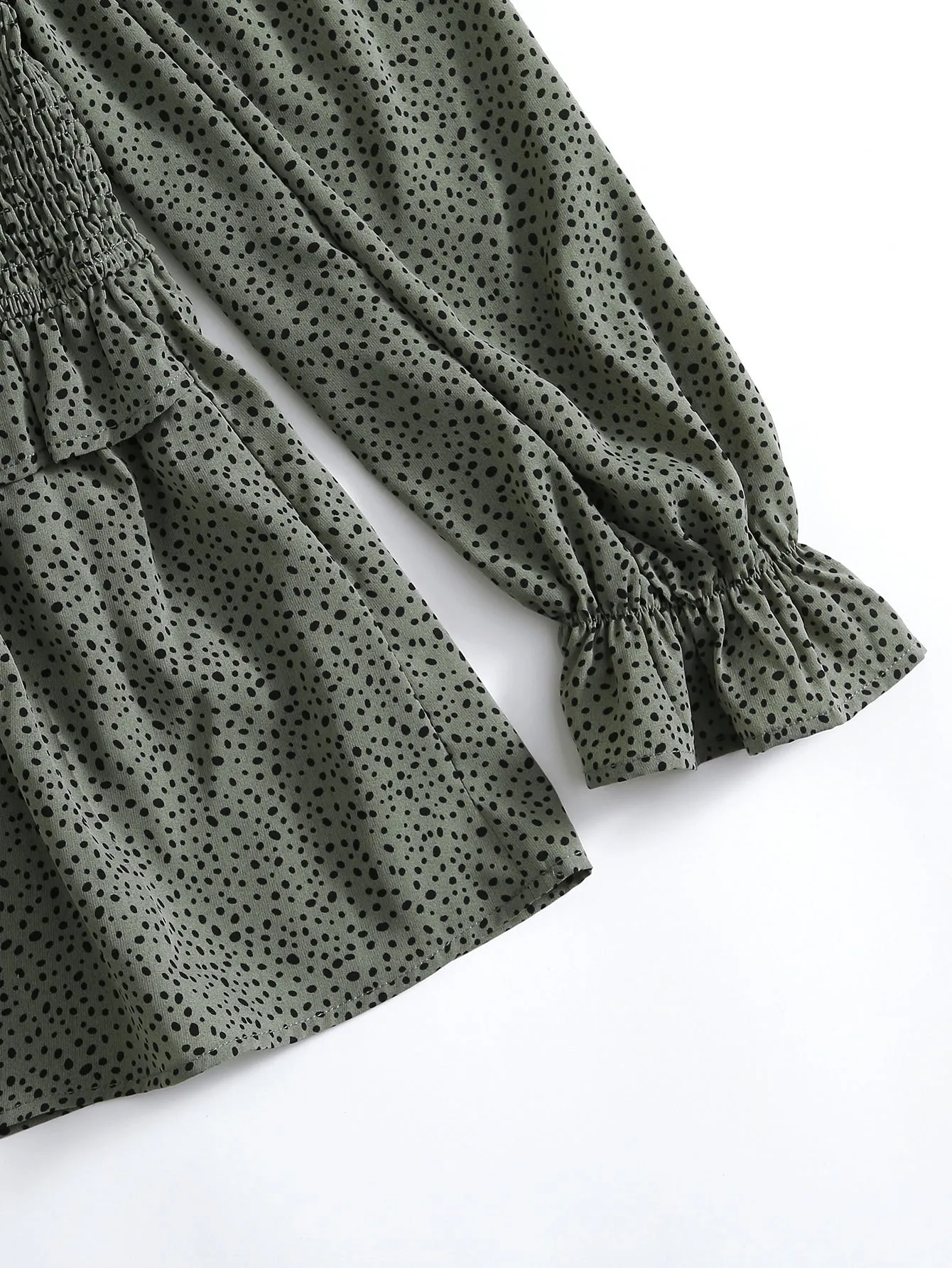 All Over Print Shirred Long Sleeve Square Neck Crop Plus Blouse