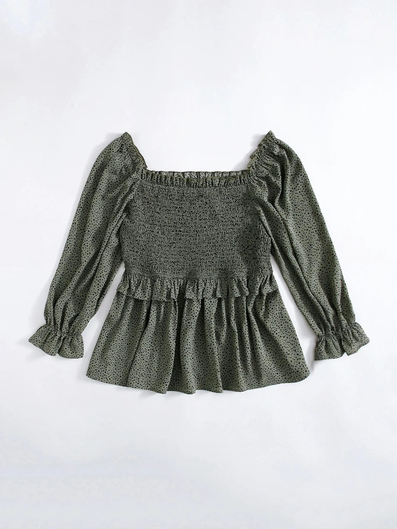 All Over Print Shirred Long Sleeve Square Neck Crop Plus Blouse