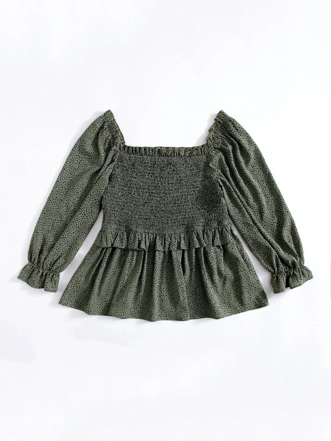 All Over Print Shirred Long Sleeve Square Neck Crop Plus Blouse