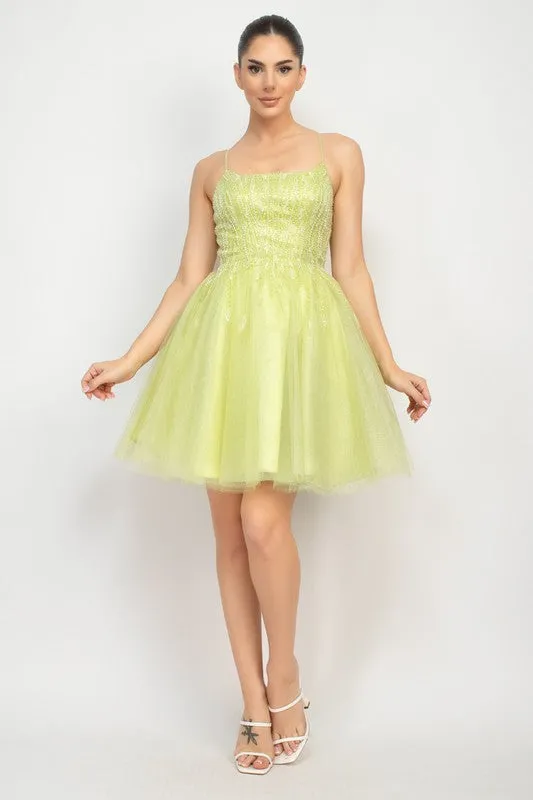 Apple Sequin Beads Tulle Mini Glittery Dress