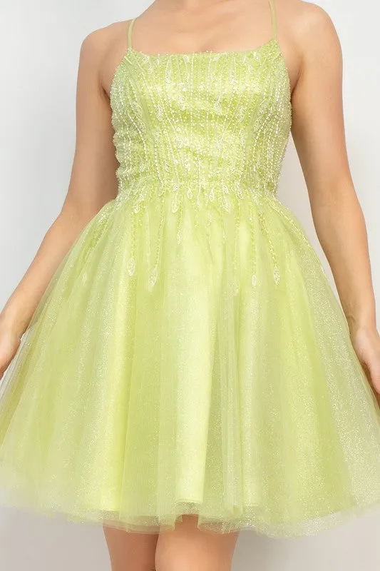 Apple Sequin Beads Tulle Mini Glittery Dress