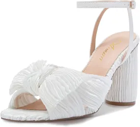 Athlefit Women's Open Toe Chunky Heels Pleated Bow Ankle Strap Heeled Sandals Wedding Bridal Shoes
