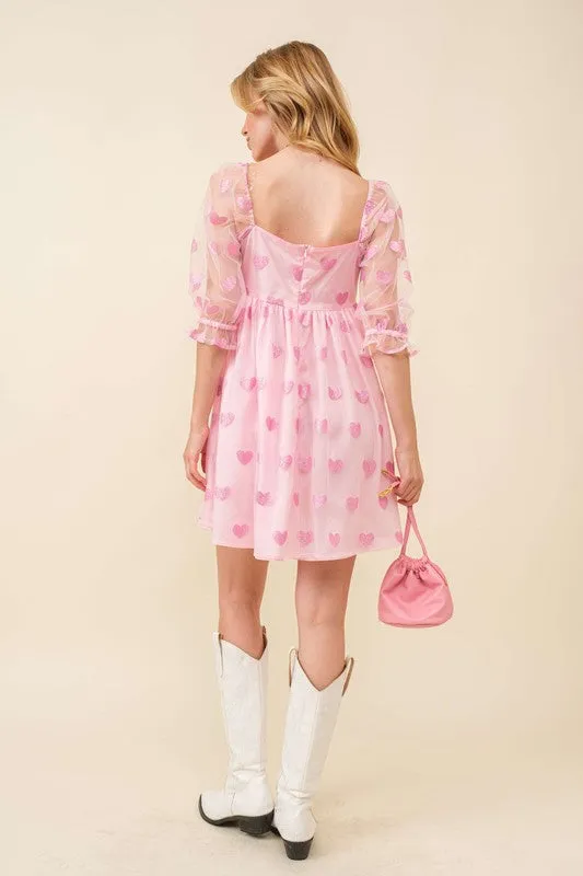 Baby Pink Sparkling Glitter Heart Patch Baby Doll Dress