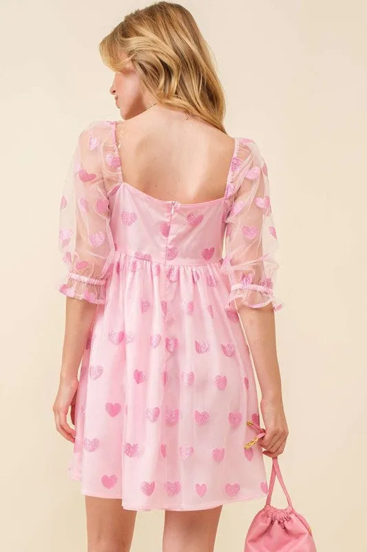 Baby Pink Sparkling Glitter Heart Patch Baby Doll Dress