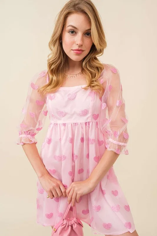 Baby Pink Sparkling Glitter Heart Patch Baby Doll Dress
