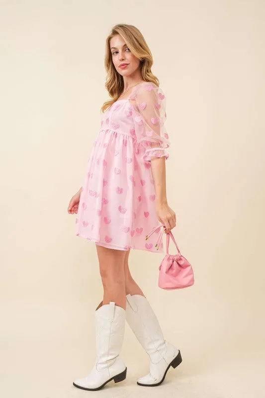 Baby Pink Sparkling Glitter Heart Patch Baby Doll Dress