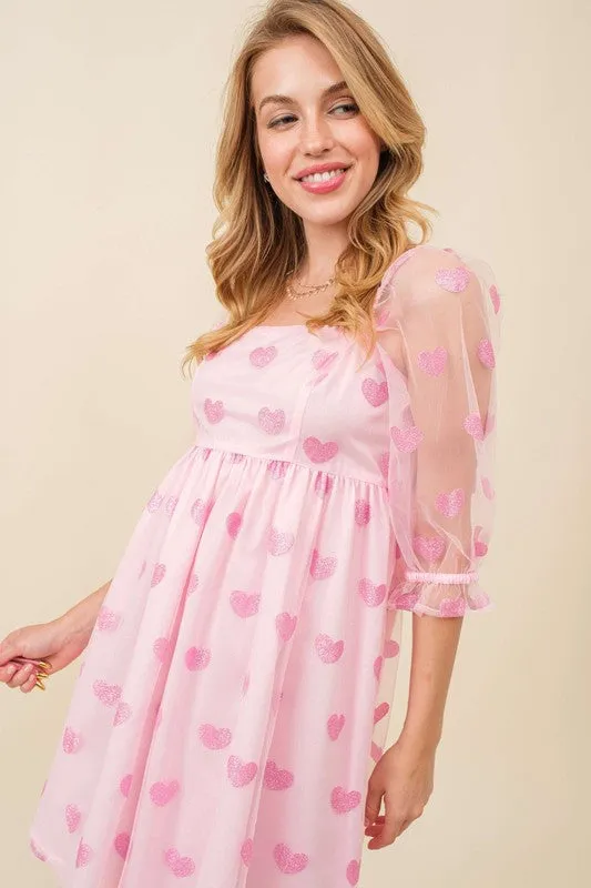 Baby Pink Sparkling Glitter Heart Patch Baby Doll Dress