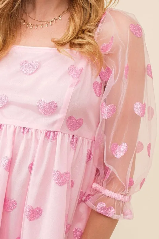Baby Pink Sparkling Glitter Heart Patch Baby Doll Dress