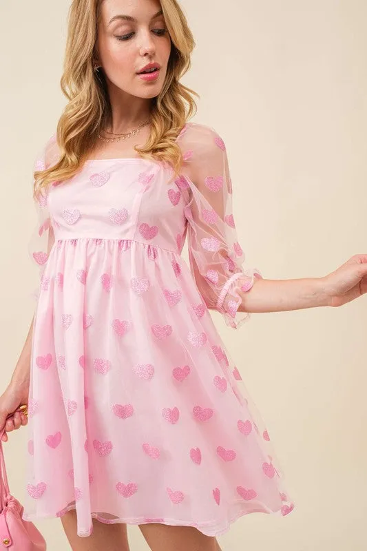 Baby Pink Sparkling Glitter Heart Patch Baby Doll Dress