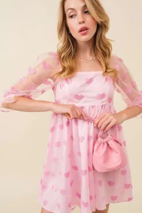 Baby Pink Sparkling Glitter Heart Patch Baby Doll Dress