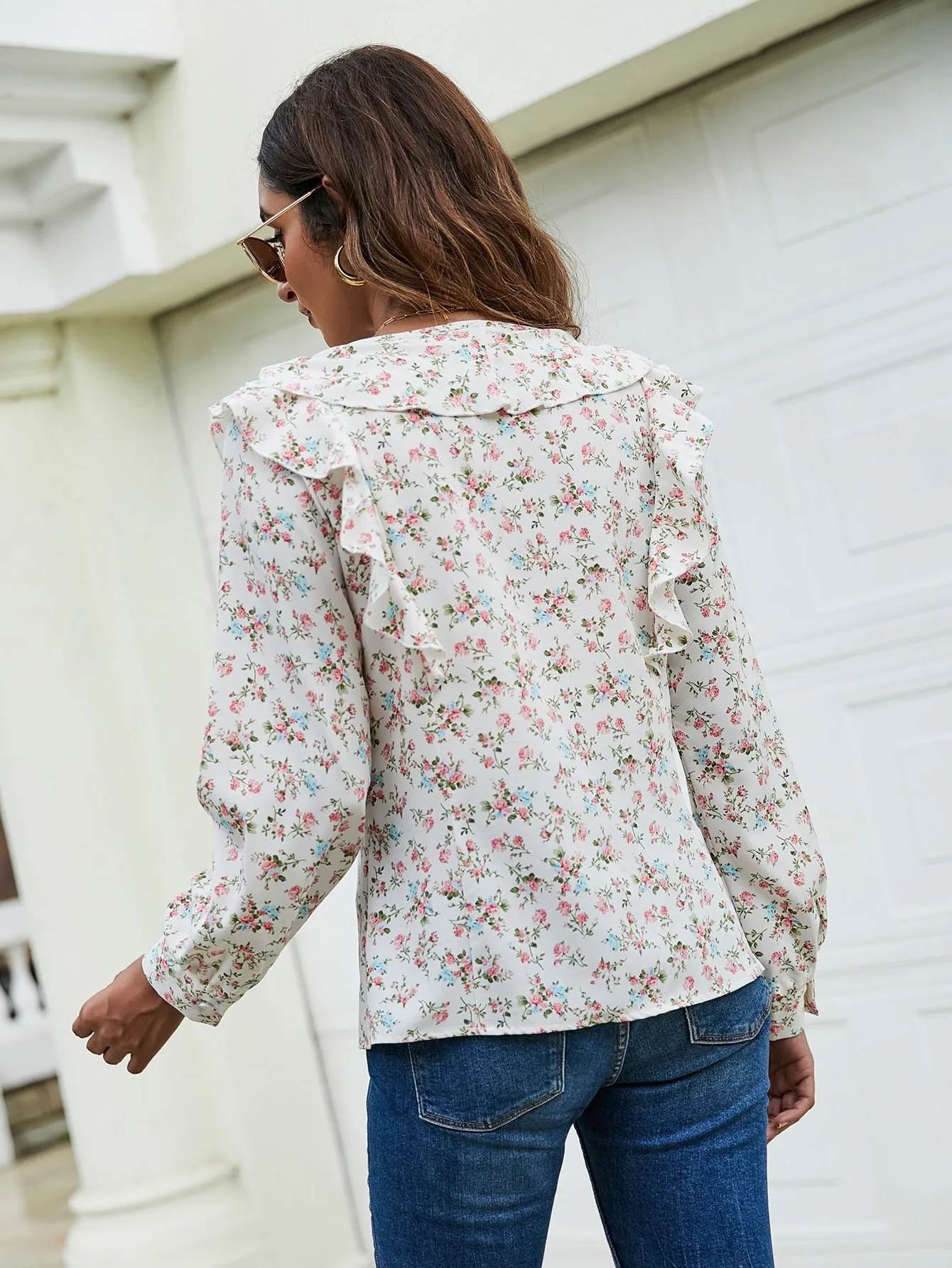 Boho All Over Print Button Front Long Sleeve Notched Regular Blouse