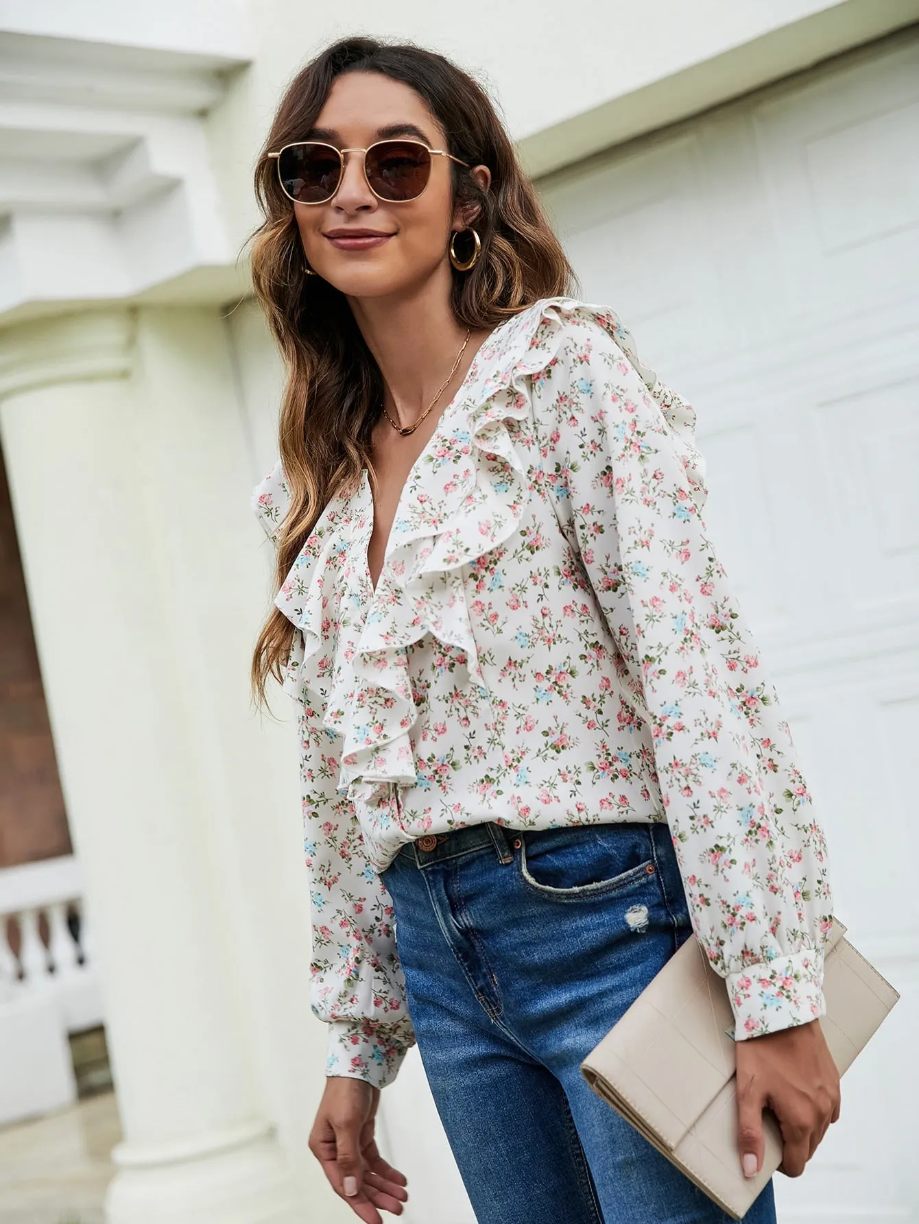 Boho All Over Print Button Front Long Sleeve Notched Regular Blouse