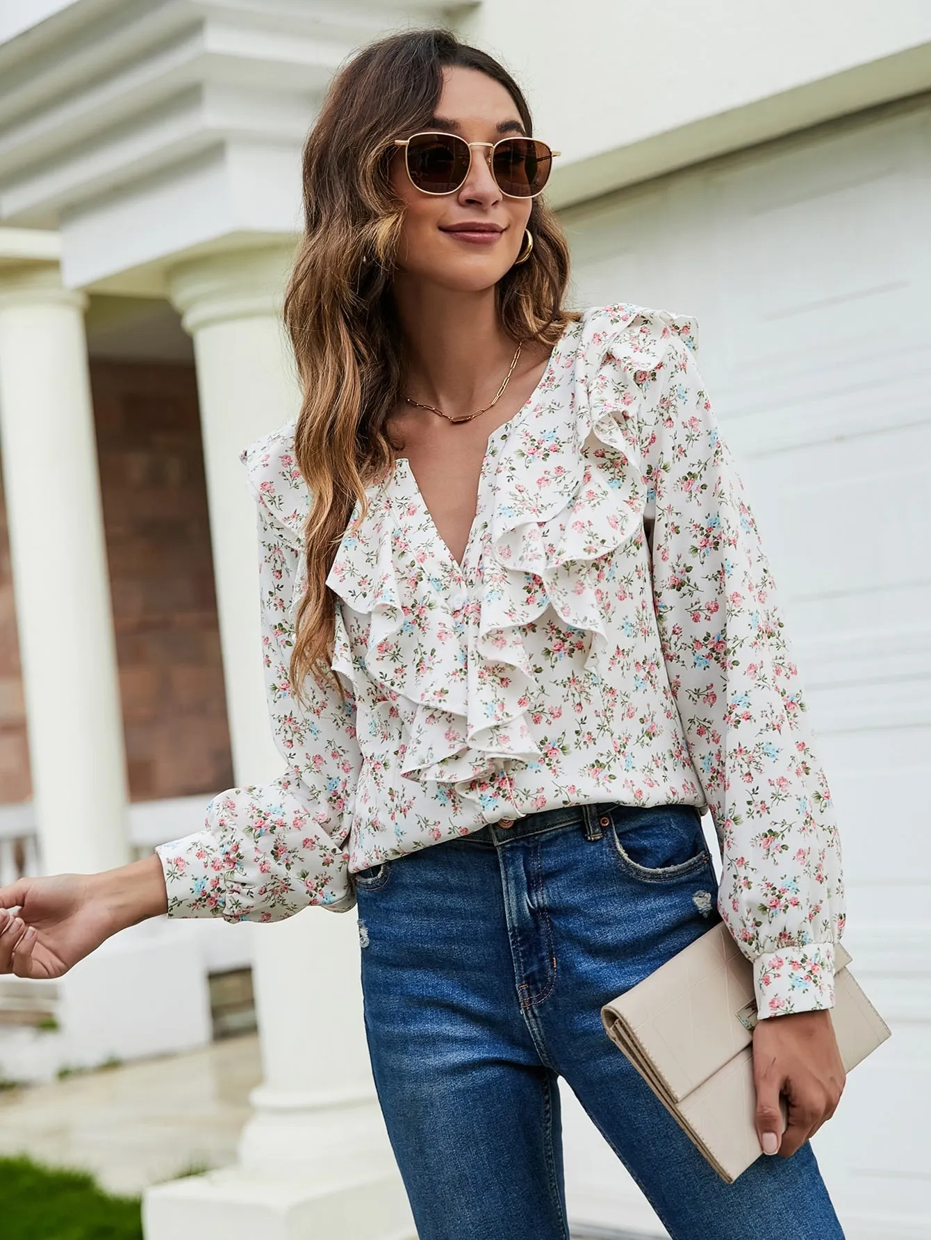 Boho All Over Print Button Front Long Sleeve Notched Regular Blouse