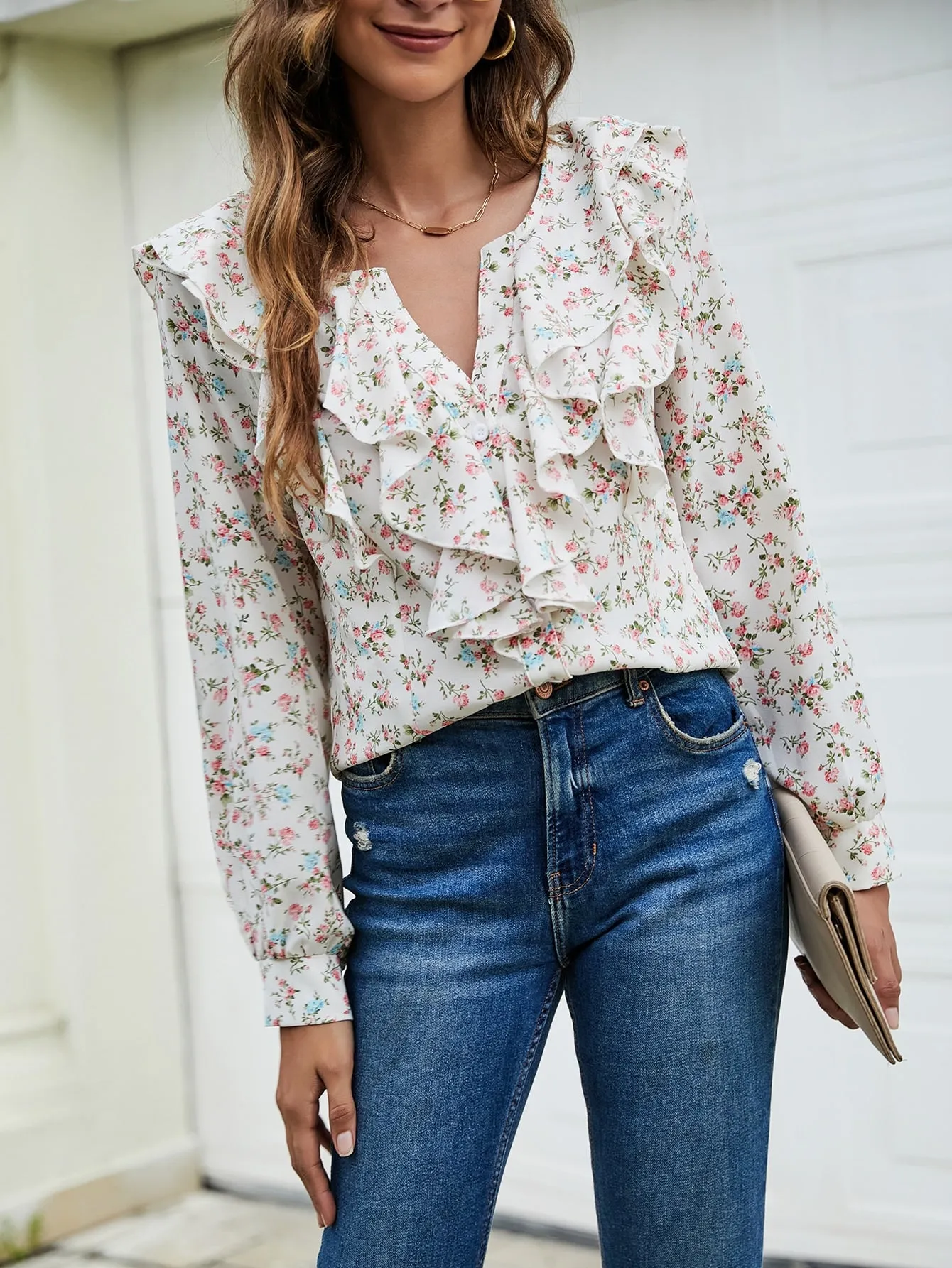 Boho All Over Print Button Front Long Sleeve Notched Regular Blouse