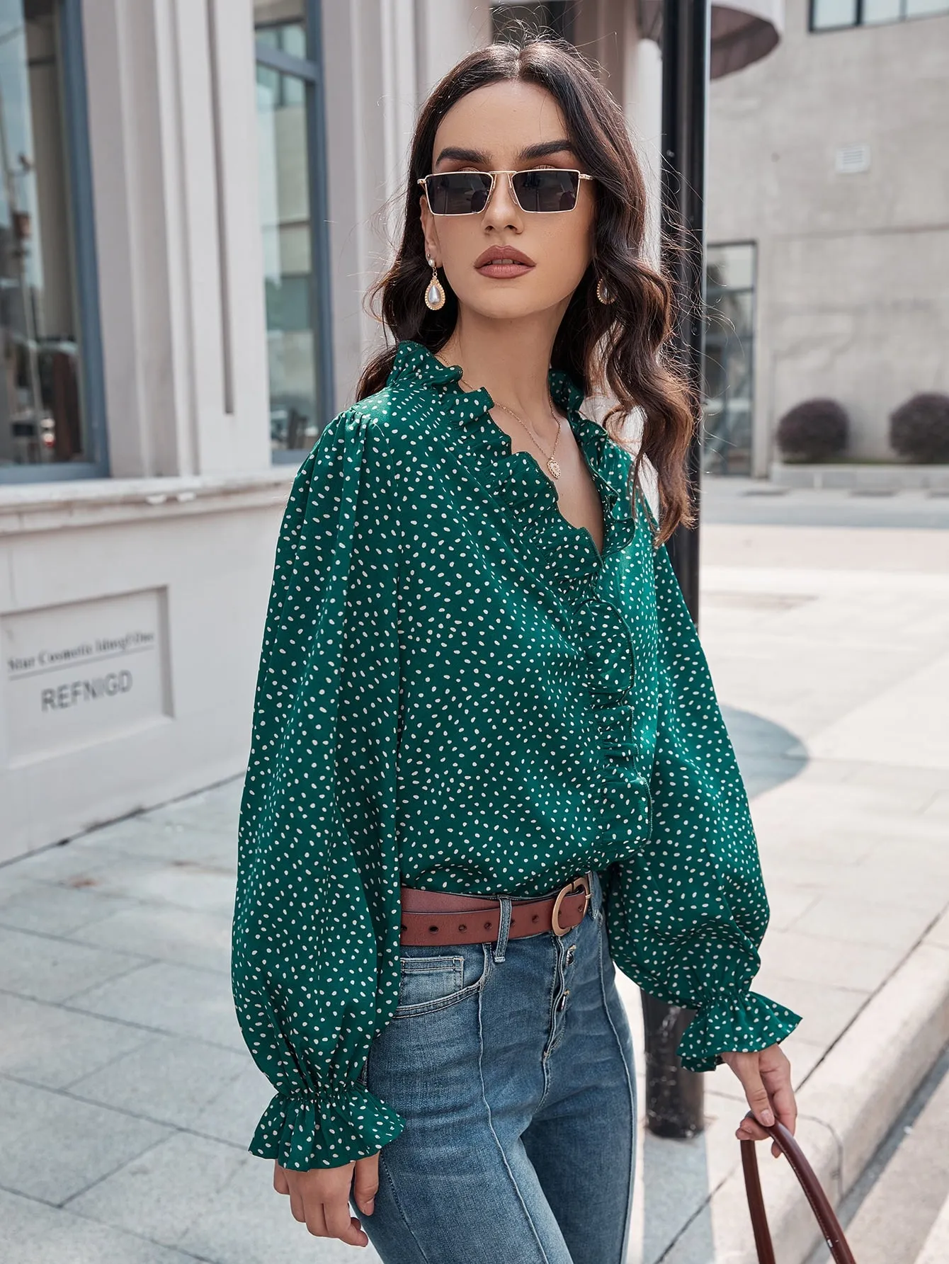 Boho All Over Print Ruffle Long Sleeve V Neck Regular Blouse