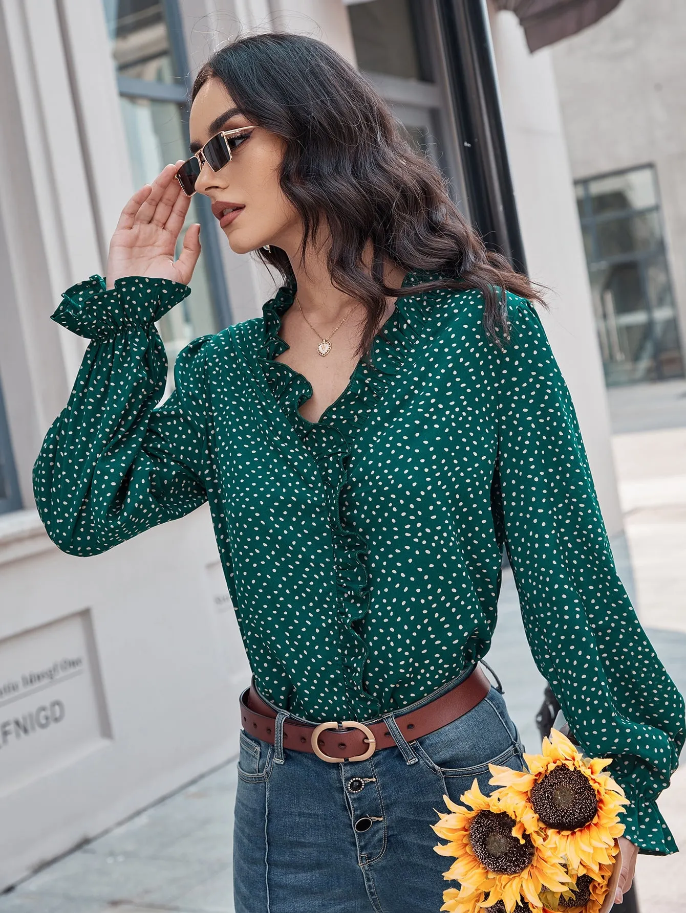 Boho All Over Print Ruffle Long Sleeve V Neck Regular Blouse