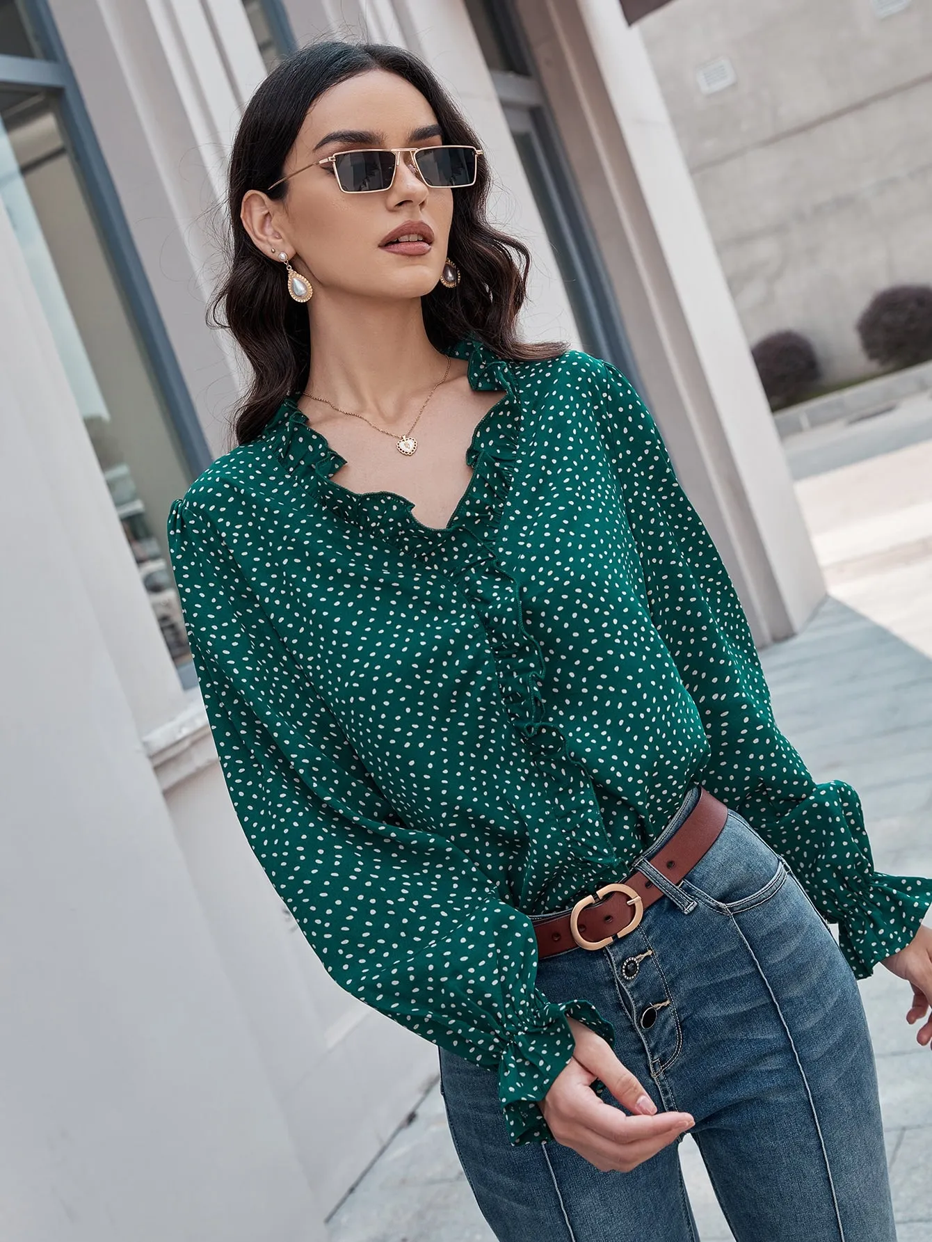 Boho All Over Print Ruffle Long Sleeve V Neck Regular Blouse