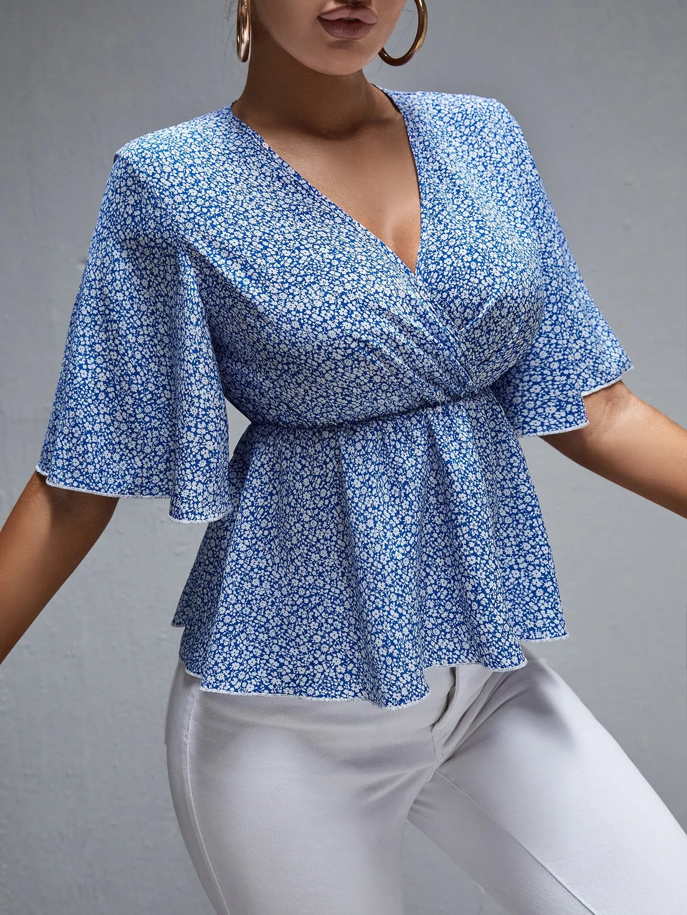 Boho Ditsy Floral Wrap Half Sleeve Deep V Neck Regular Blouse