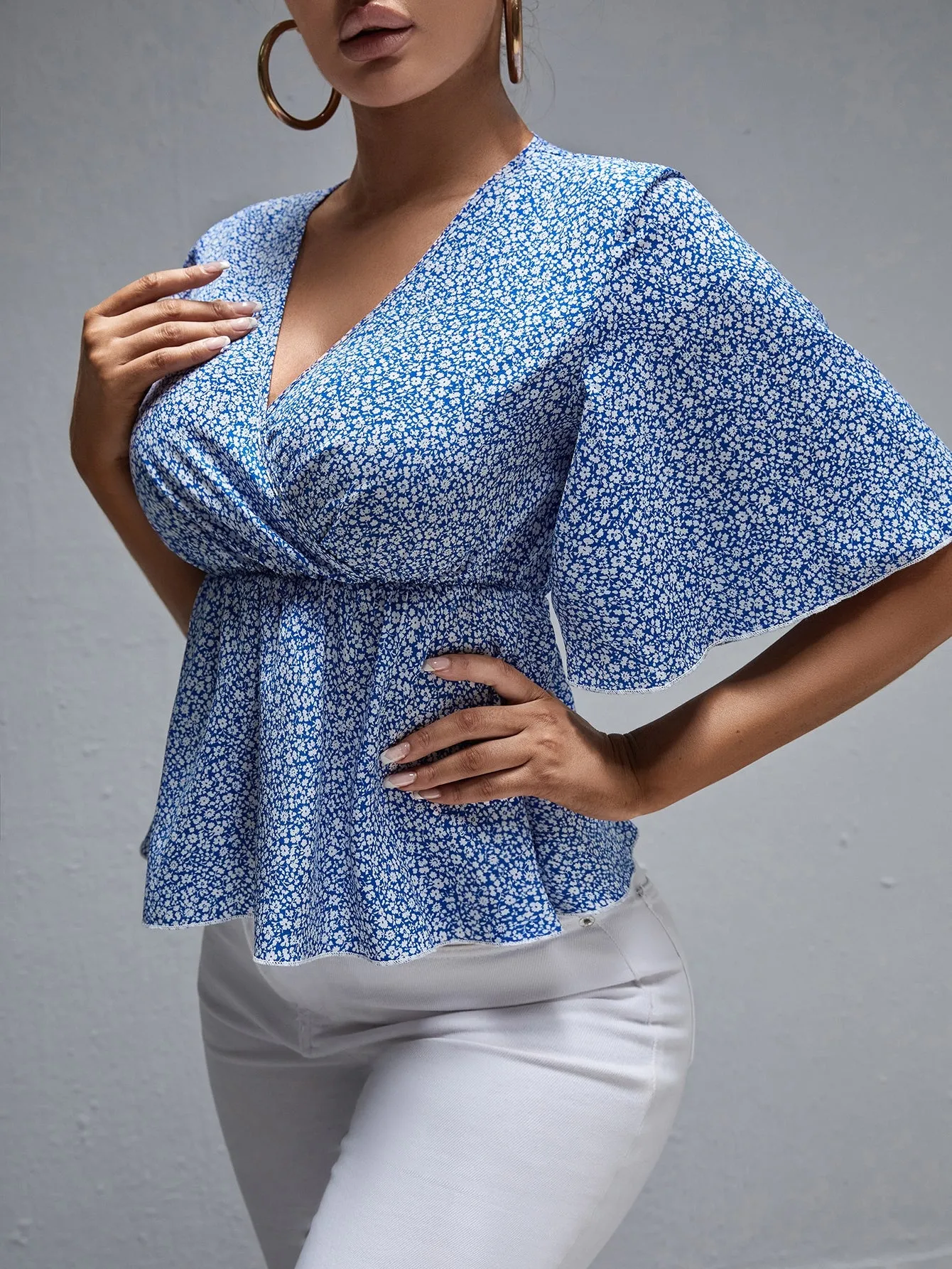 Boho Ditsy Floral Wrap Half Sleeve Deep V Neck Regular Blouse