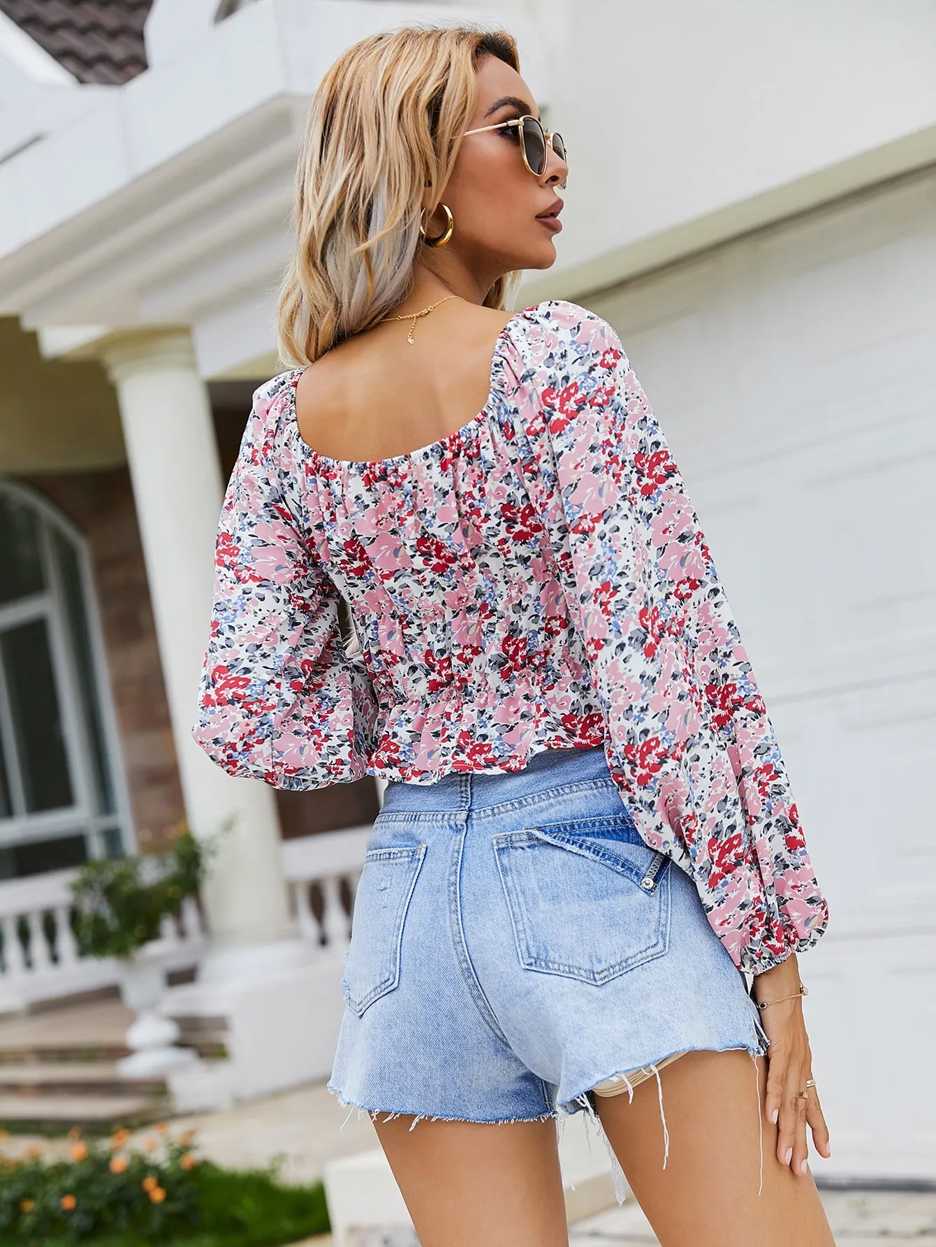 Boho Floral Ruffle Hem Long Sleeve Sweetheart Flared Crop Blouse