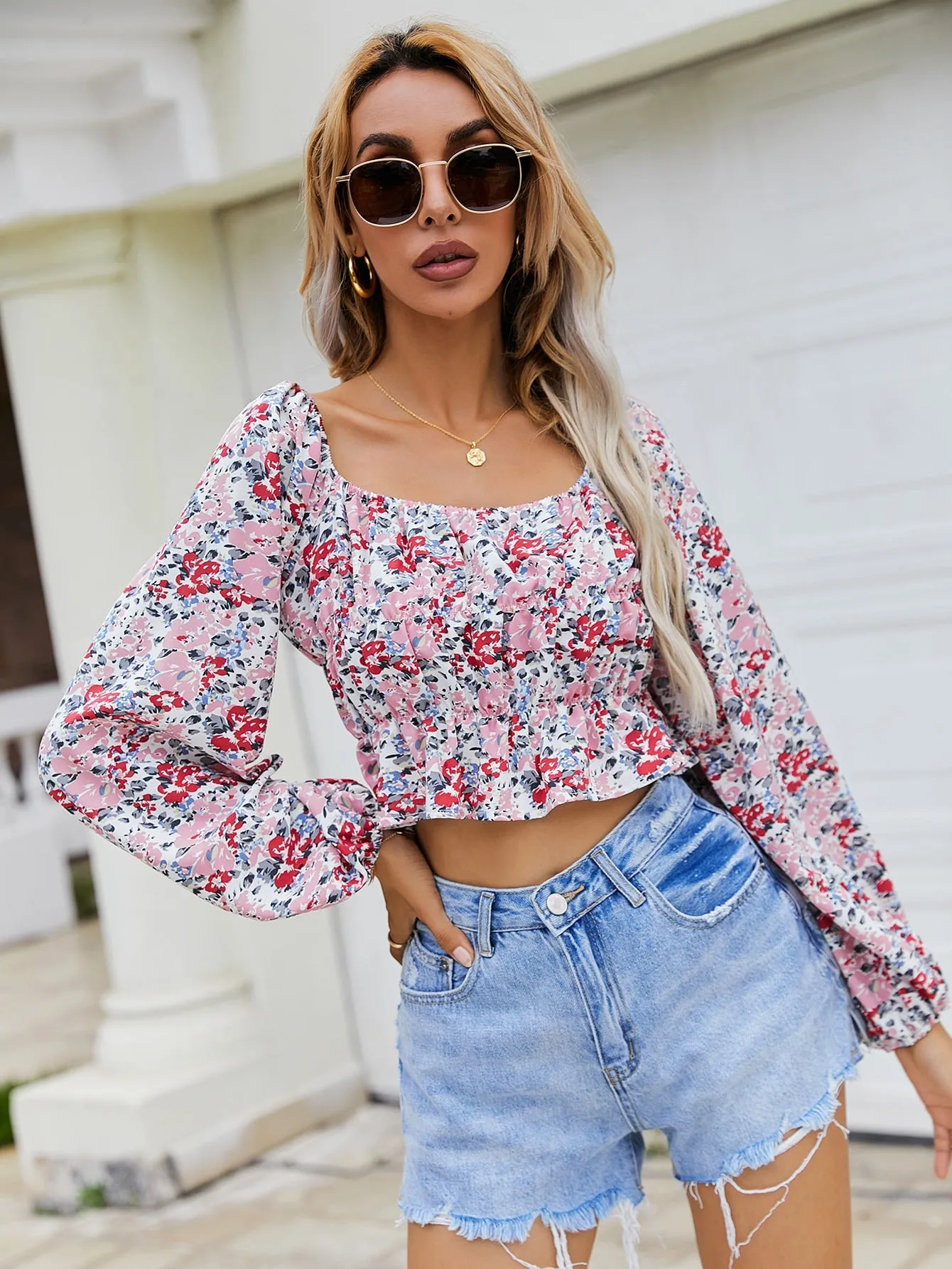 Boho Floral Ruffle Hem Long Sleeve Sweetheart Flared Crop Blouse