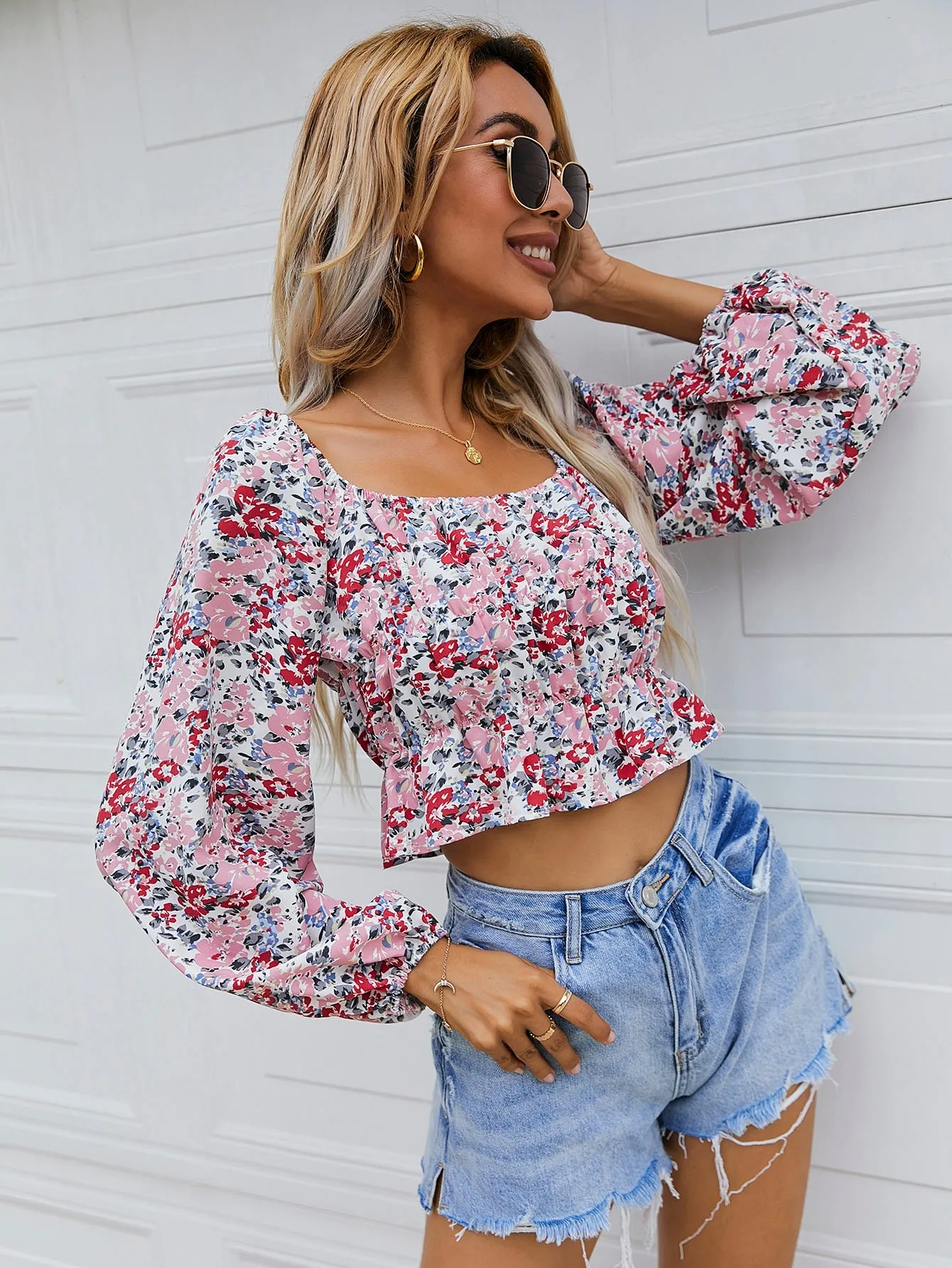 Boho Floral Ruffle Hem Long Sleeve Sweetheart Flared Crop Blouse