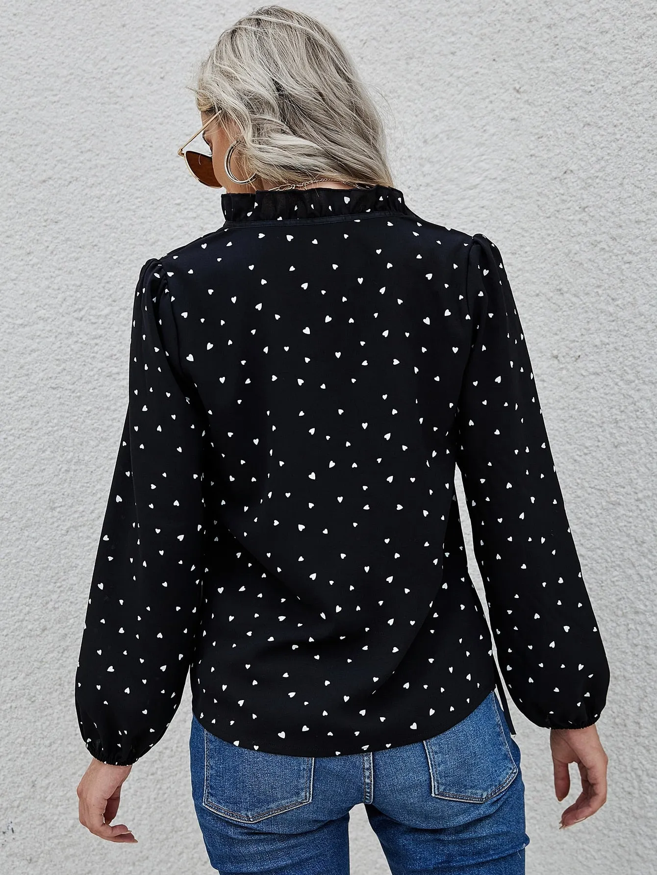 Casual All Over Print Tie Front Long Sleeve Tie Neck Regular Blouse