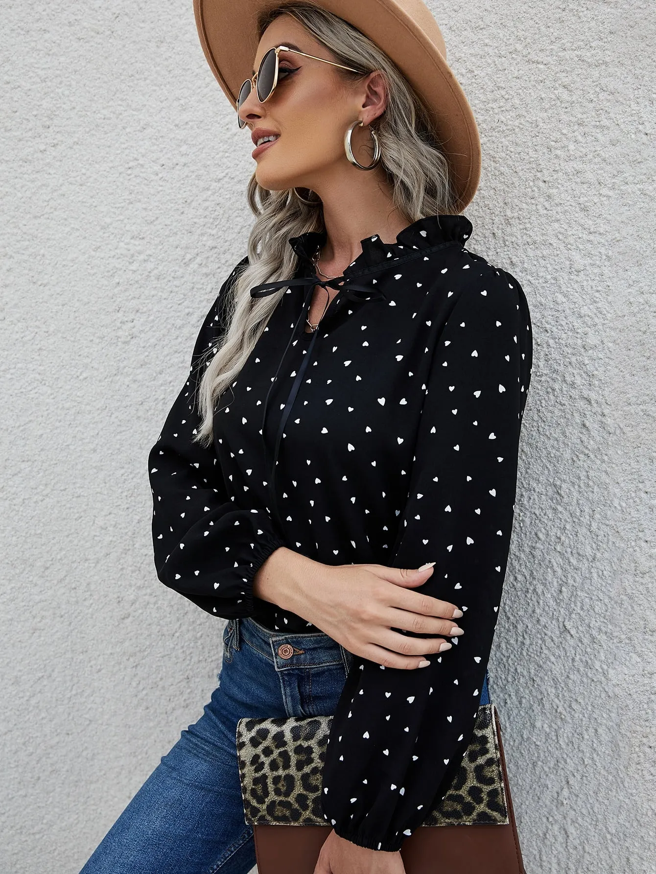 Casual All Over Print Tie Front Long Sleeve Tie Neck Regular Blouse