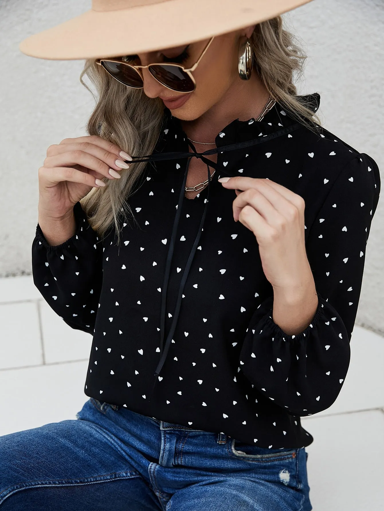 Casual All Over Print Tie Front Long Sleeve Tie Neck Regular Blouse