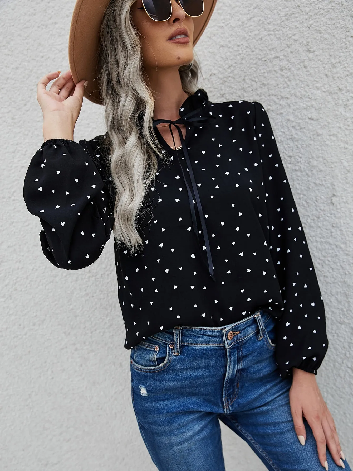 Casual All Over Print Tie Front Long Sleeve Tie Neck Regular Blouse