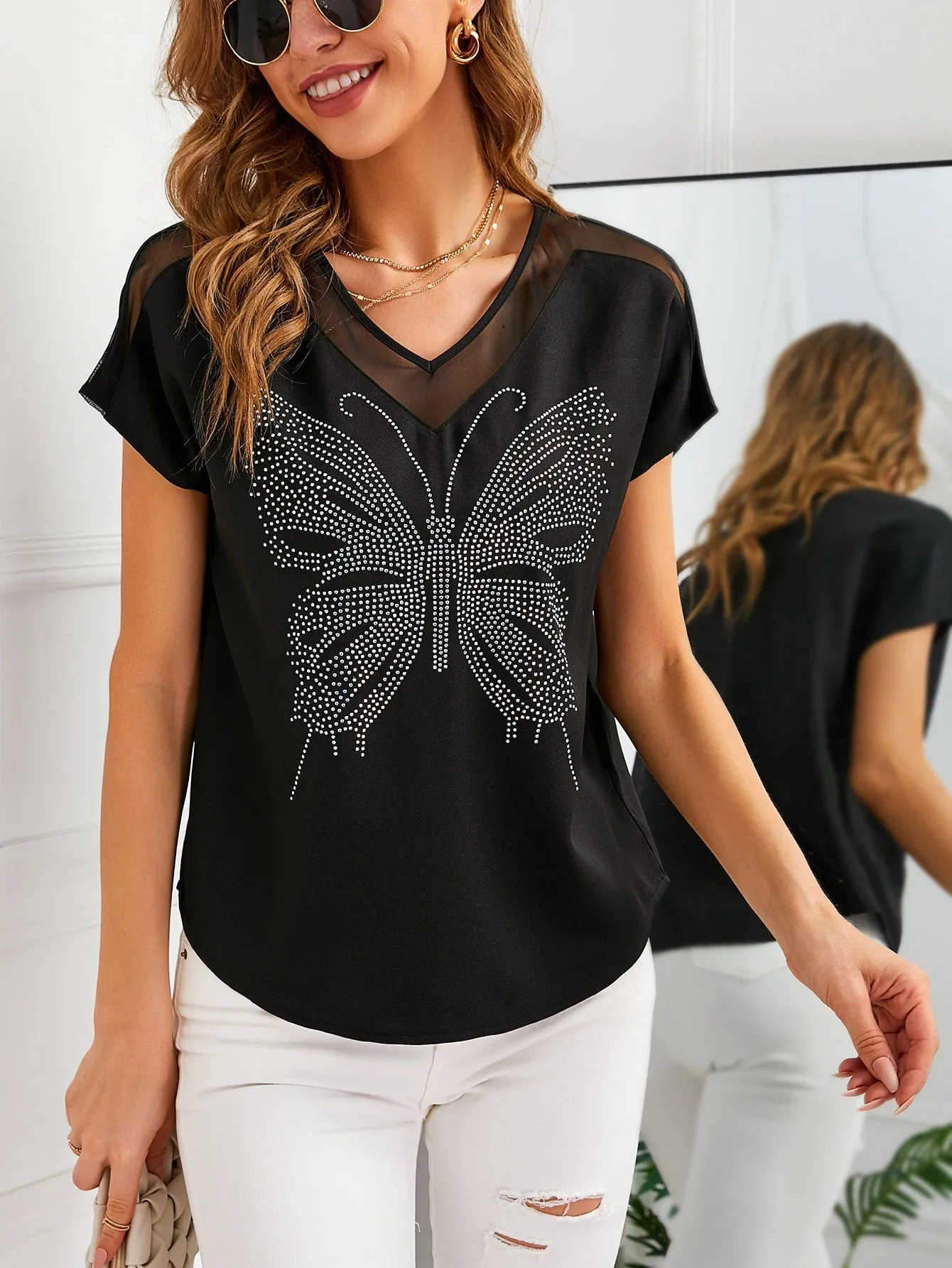 Casual Animal Contrast Mesh Cap Sleeve V Neck Regular Blouse