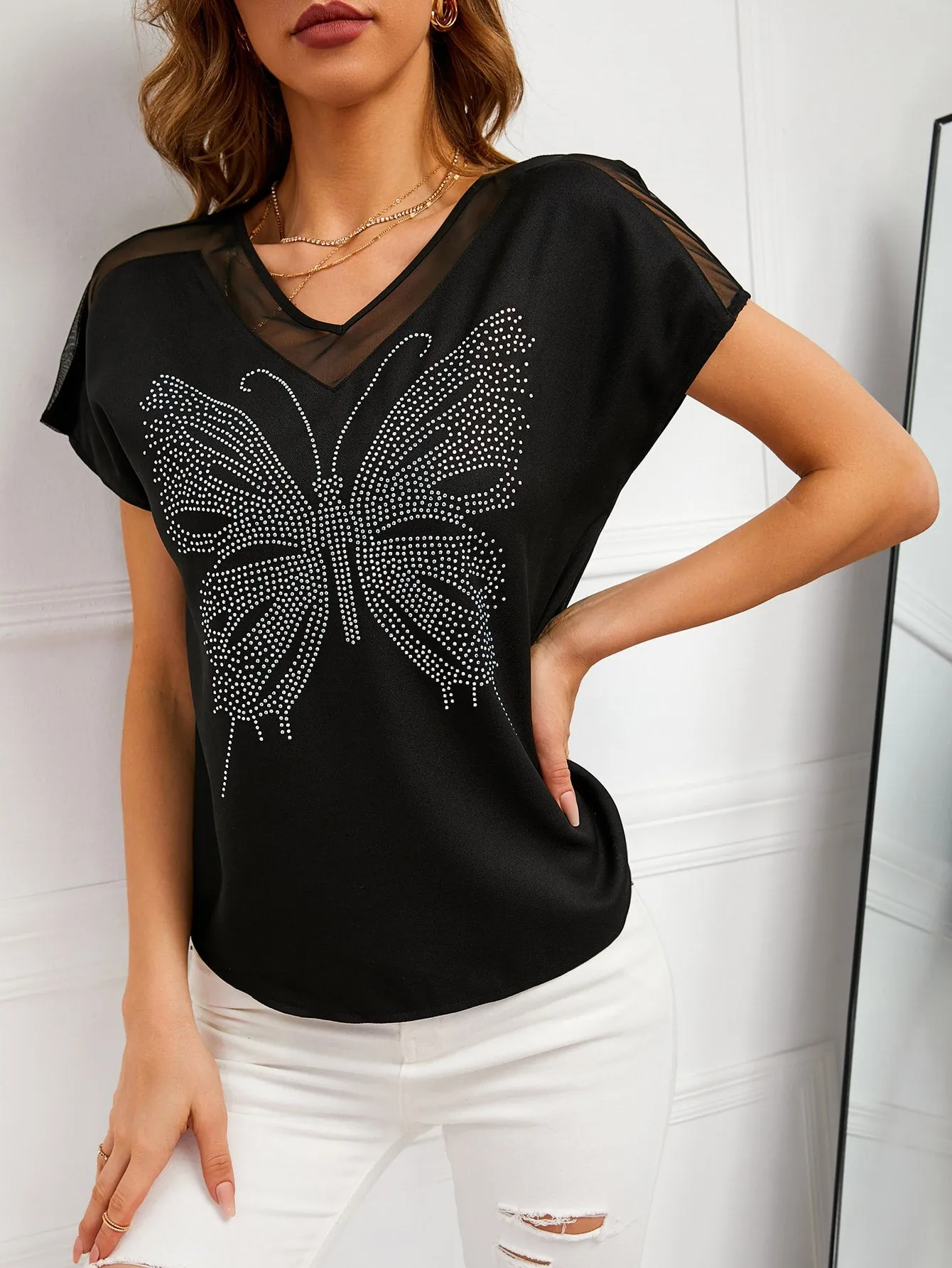 Casual Animal Contrast Mesh Cap Sleeve V Neck Regular Blouse