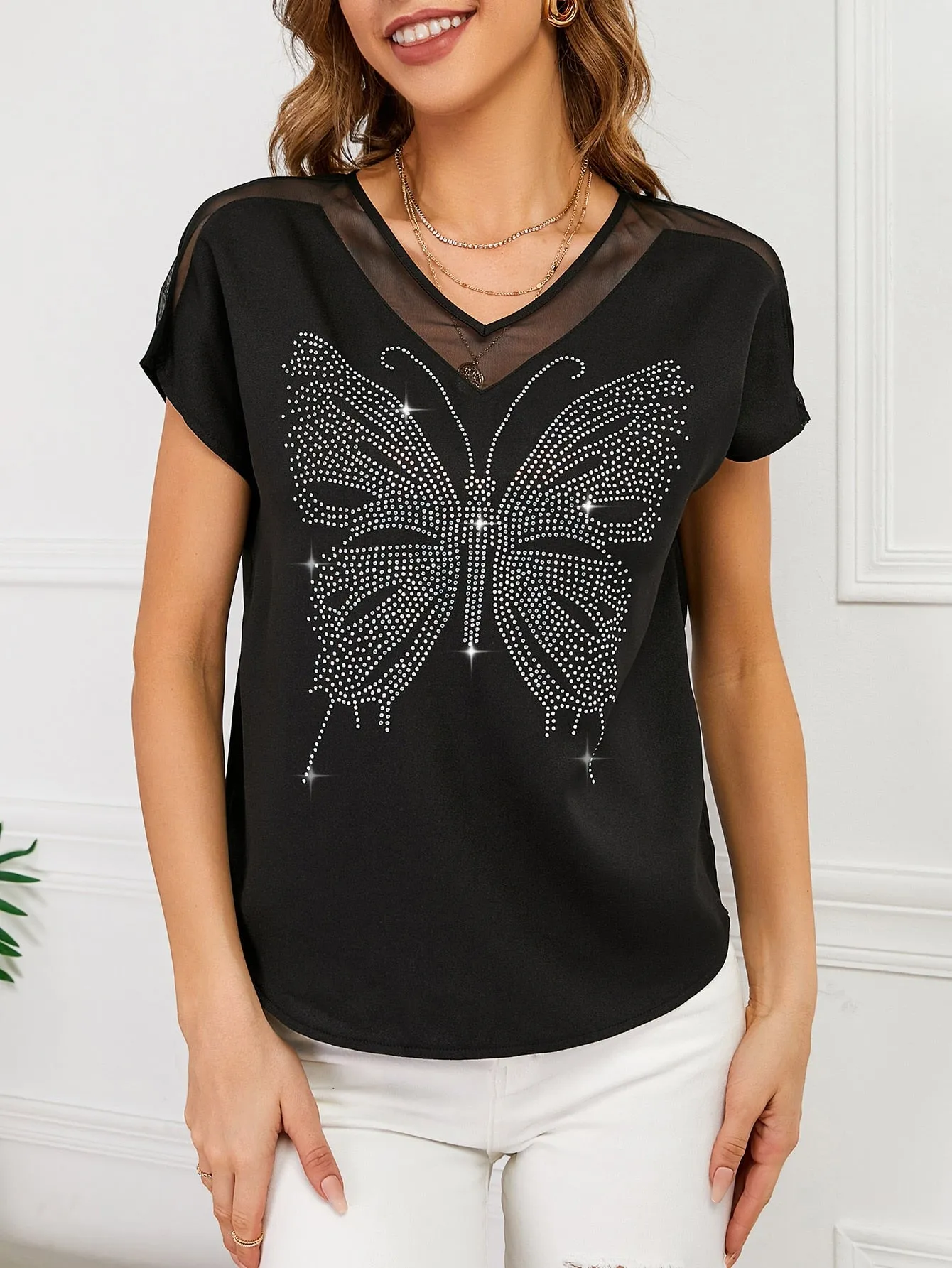 Casual Animal Contrast Mesh Cap Sleeve V Neck Regular Blouse
