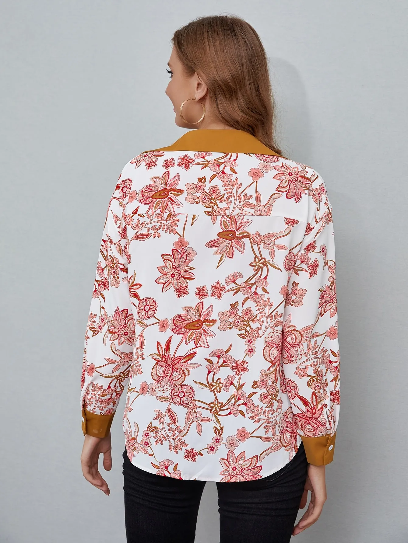 Casual Floral Button Front Long Sleeve Collar Long Blouse