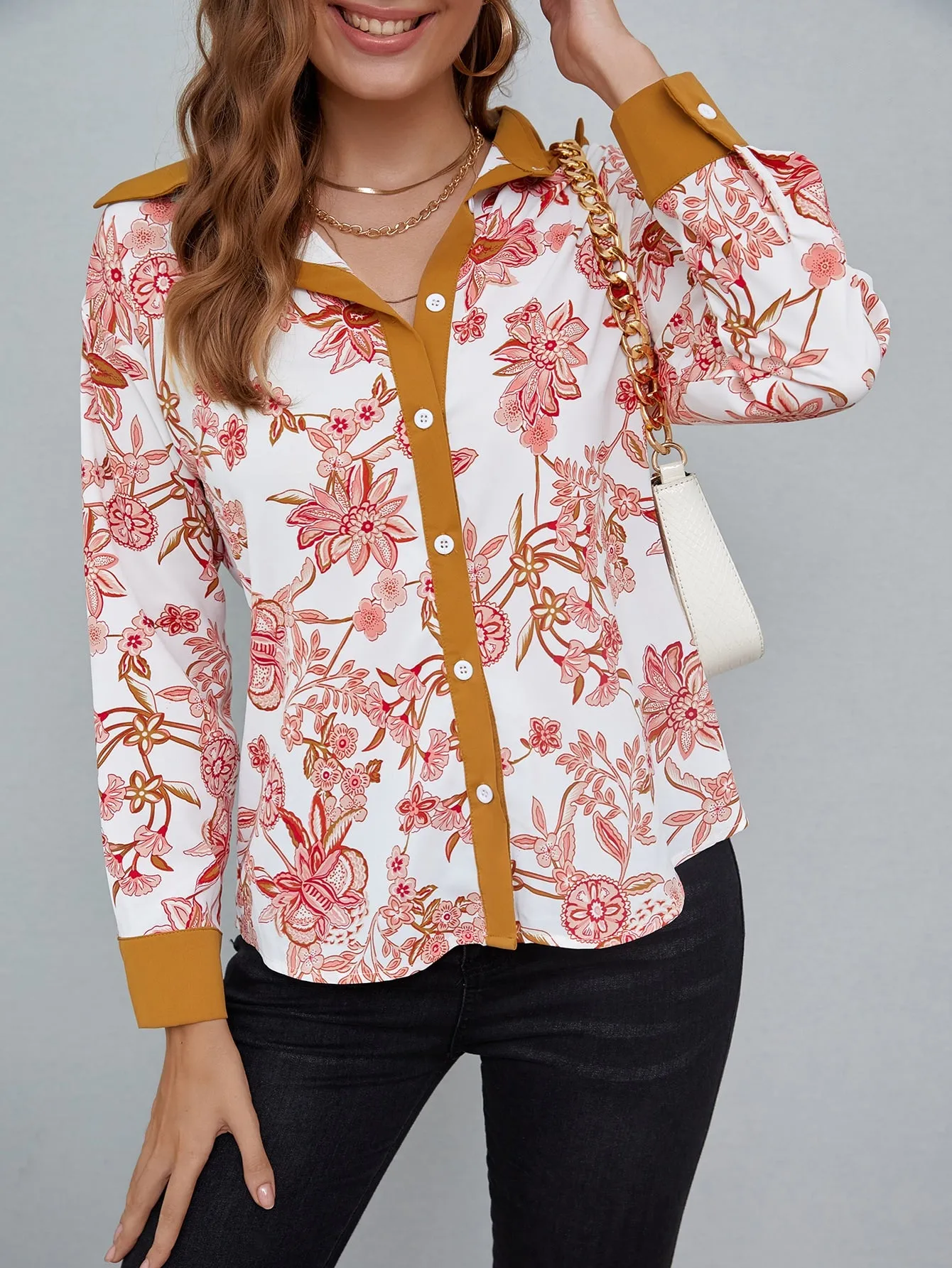 Casual Floral Button Front Long Sleeve Collar Long Blouse