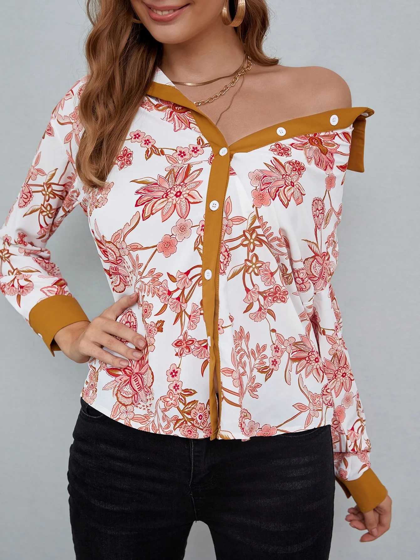 Casual Floral Button Front Long Sleeve Collar Long Blouse