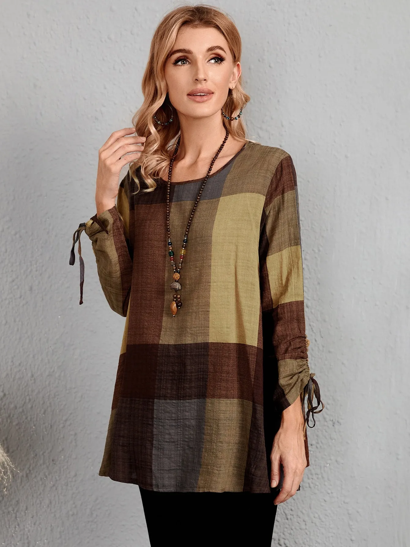 Casual Plaid Drawstring Long Sleeve Scoop Neck Long Blouse