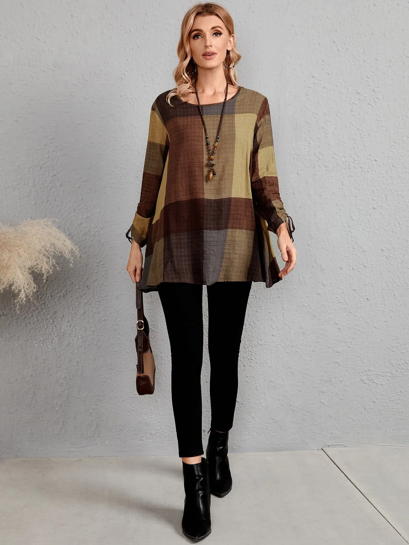 Casual Plaid Drawstring Long Sleeve Scoop Neck Long Blouse