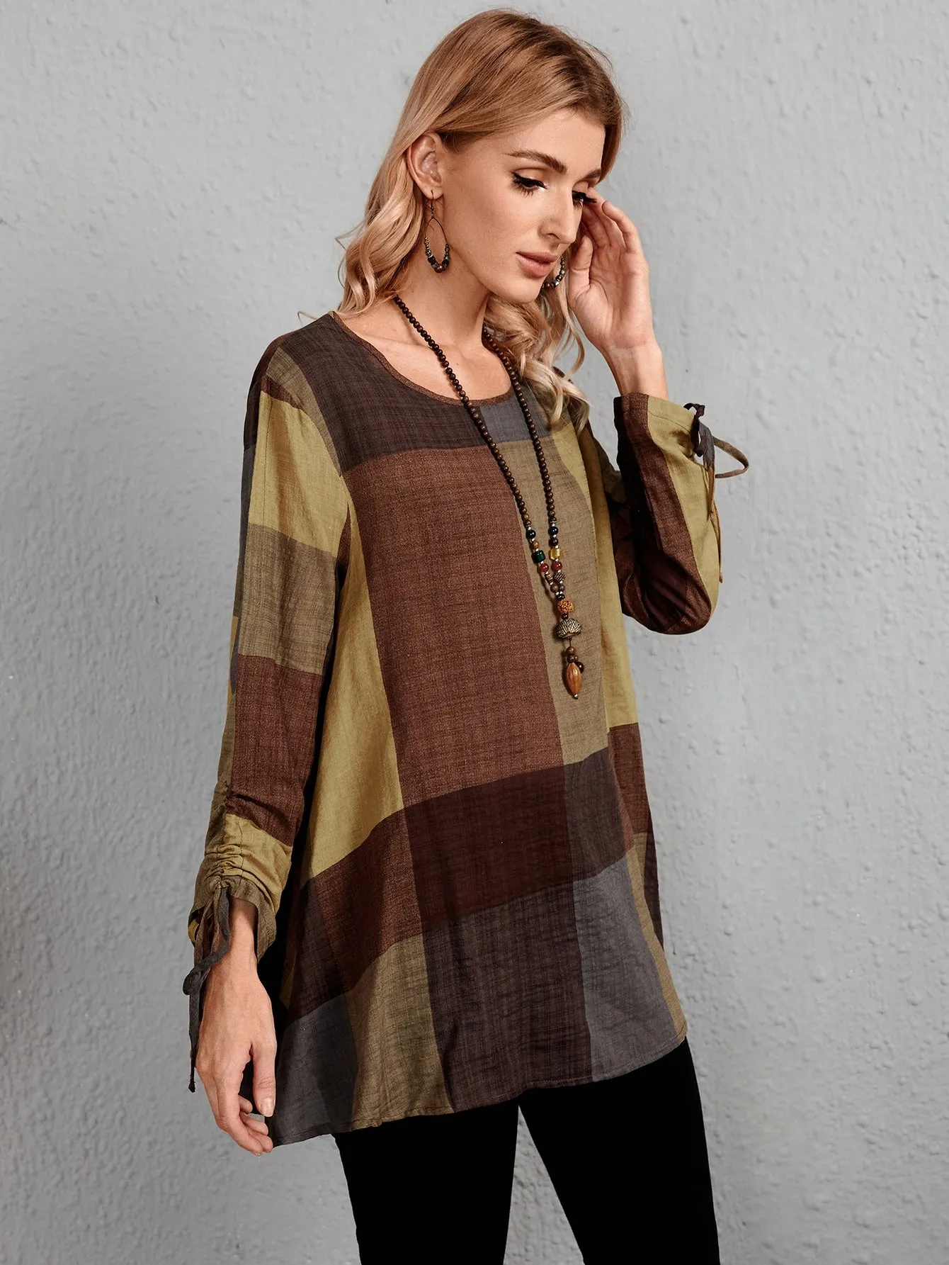 Casual Plaid Drawstring Long Sleeve Scoop Neck Long Blouse