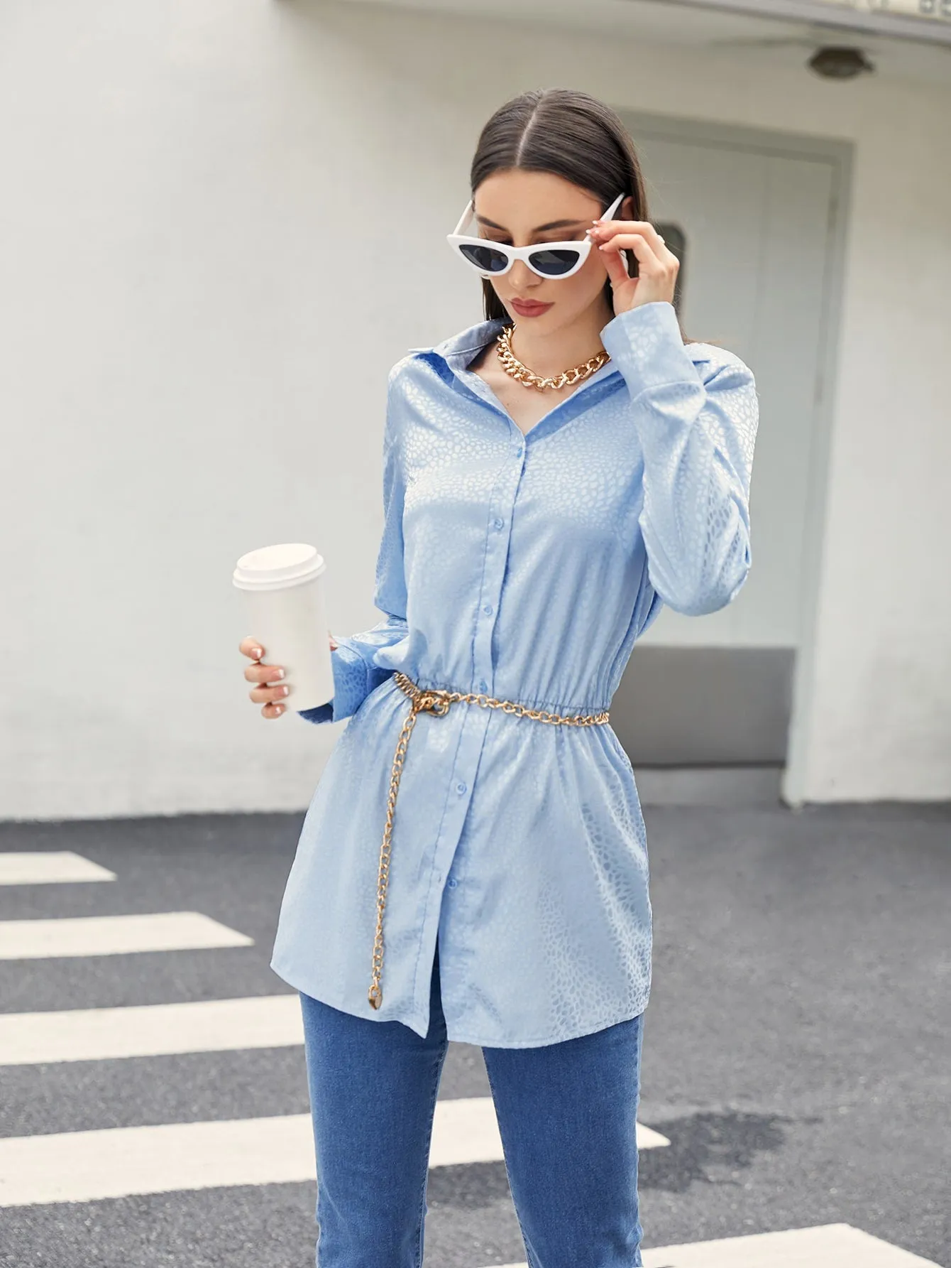 Casual Plain Button Front Long Sleeve Collar Long Blouse
