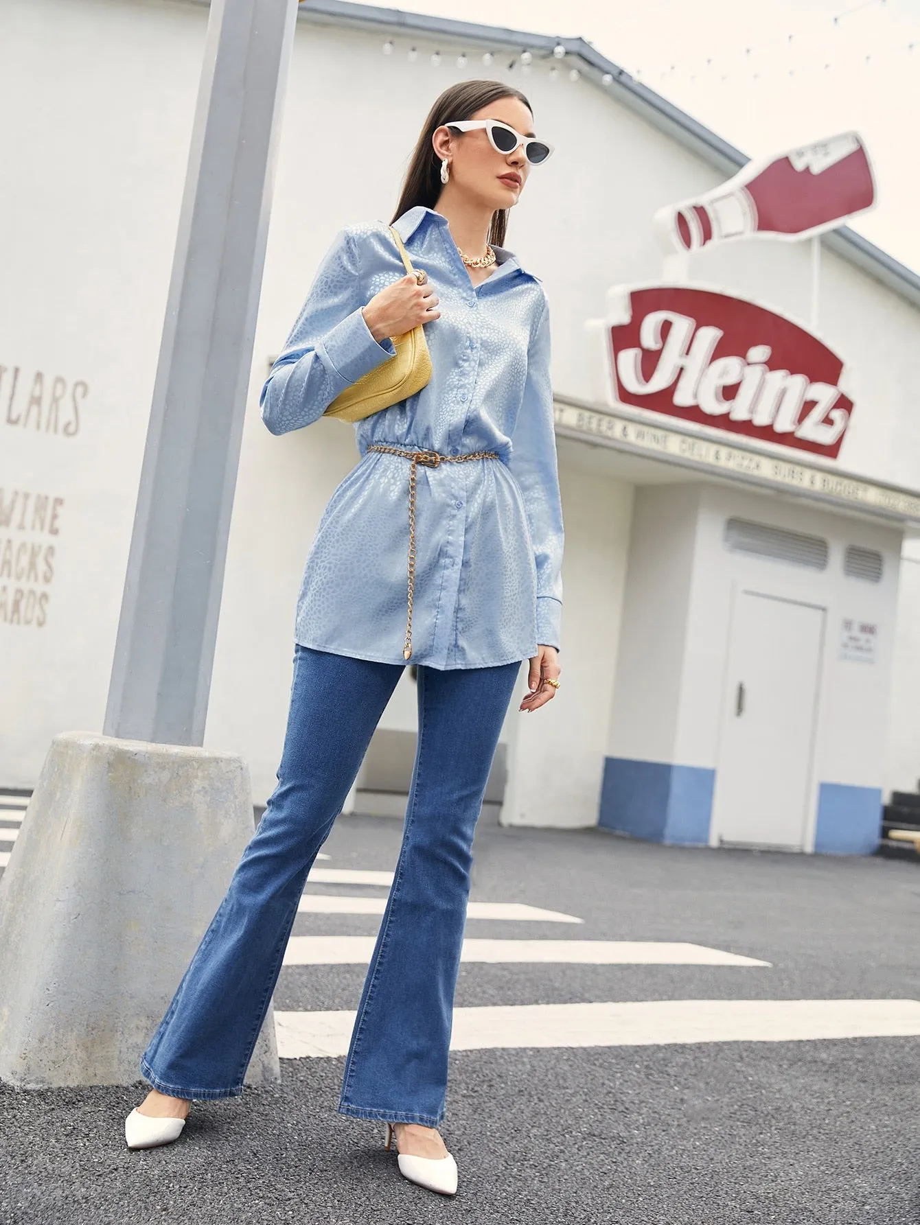 Casual Plain Button Front Long Sleeve Collar Long Blouse