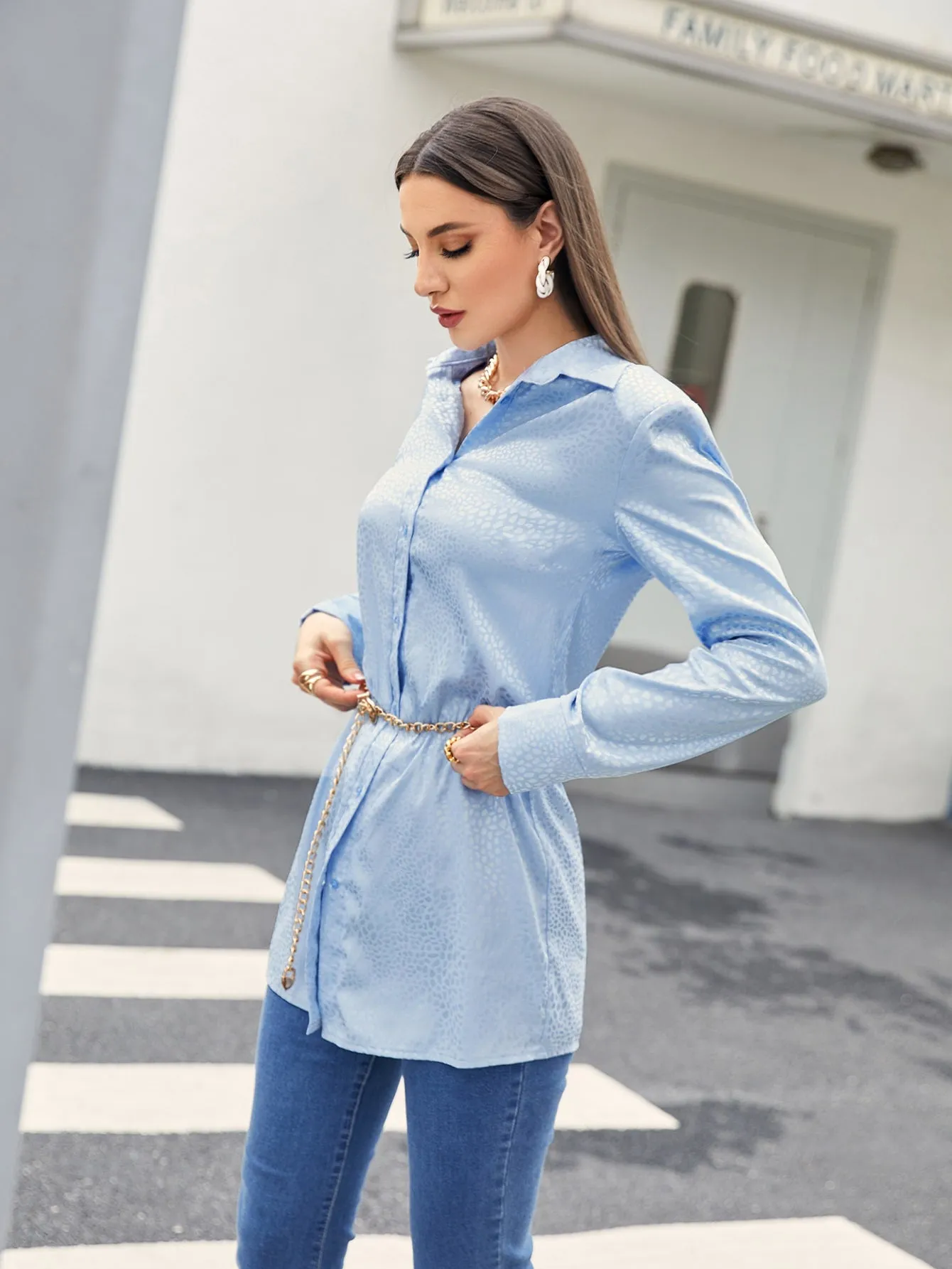 Casual Plain Button Front Long Sleeve Collar Long Blouse