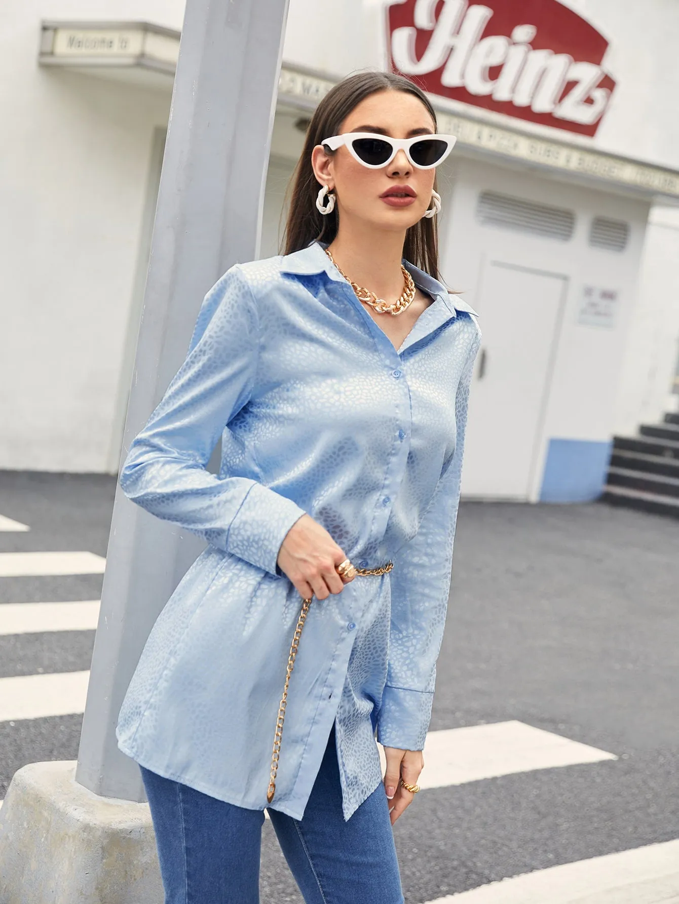 Casual Plain Button Front Long Sleeve Collar Long Blouse