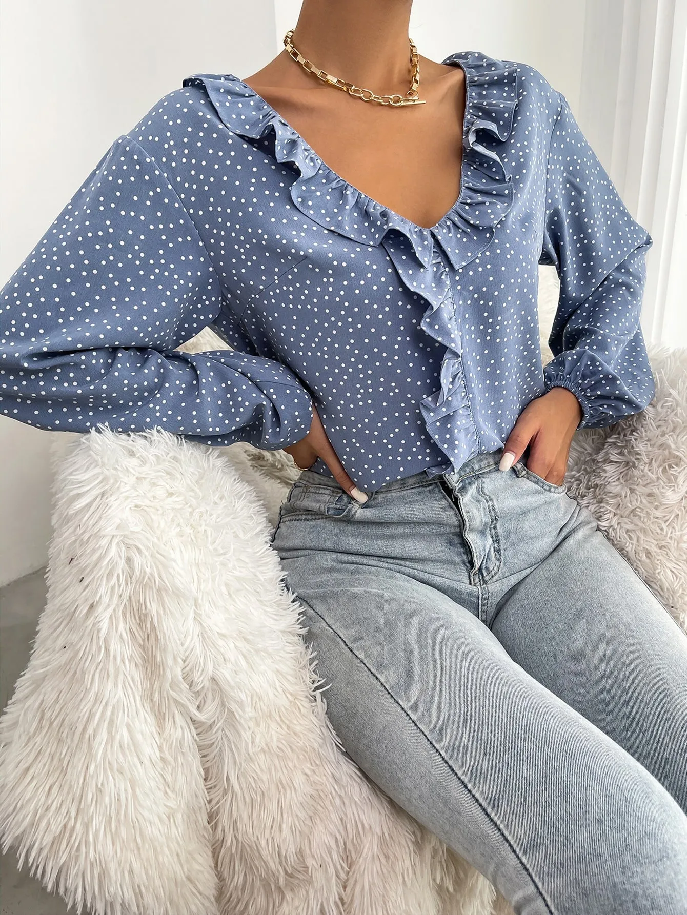 Casual Polka Dot Ruffle Long Sleeve V Neck Regular Blouse