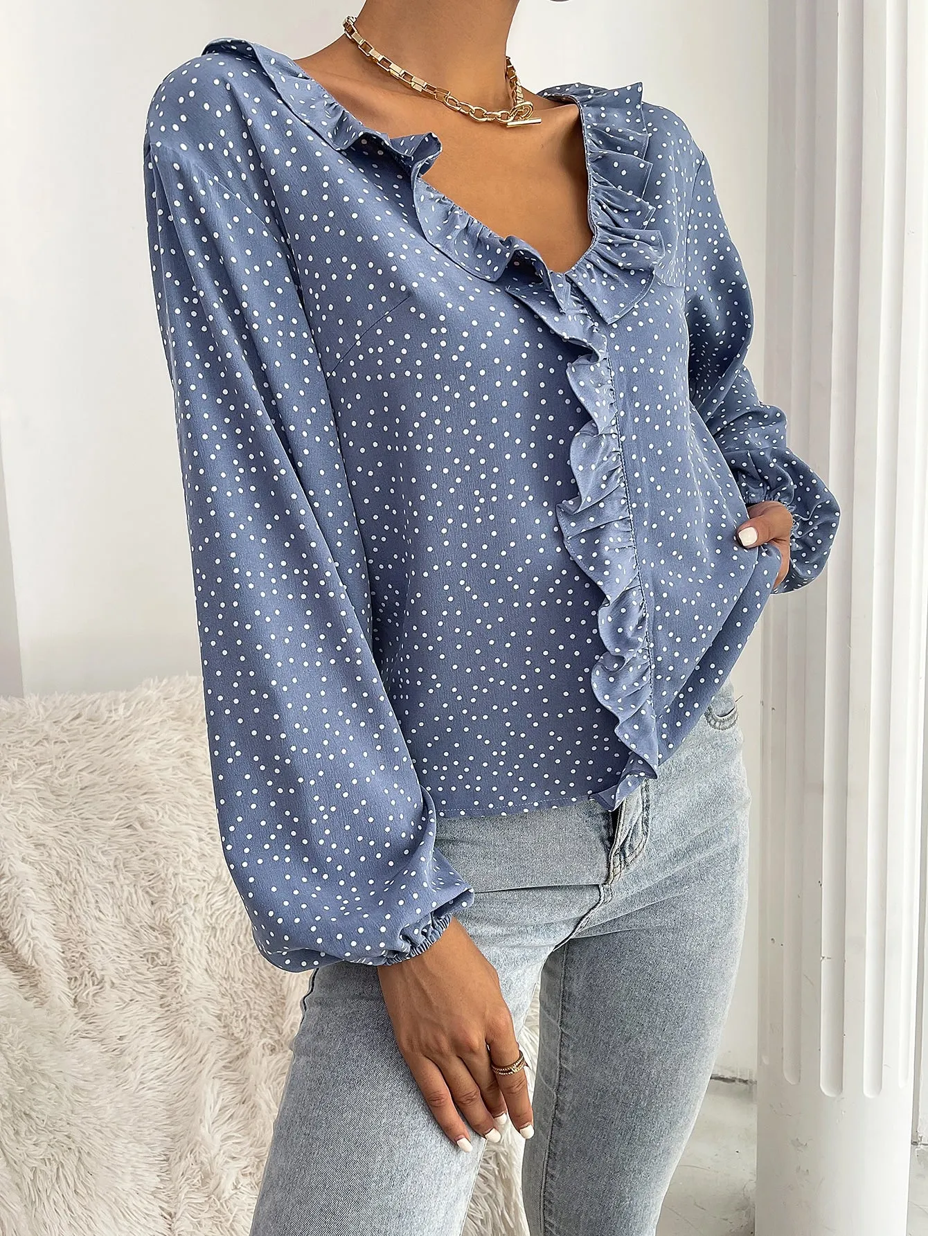 Casual Polka Dot Ruffle Long Sleeve V Neck Regular Blouse